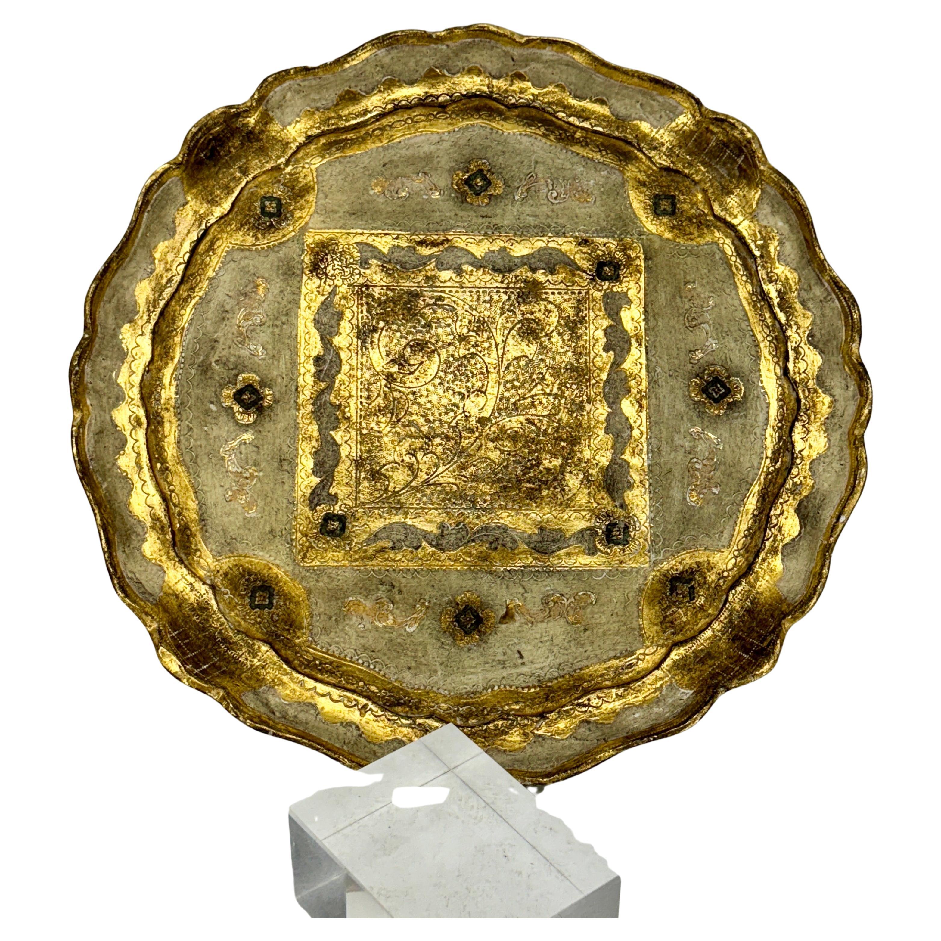 Hand-Crafted Italian Florentine Gold Gilt Ivory Vintage Wood Round Tray  For Sale