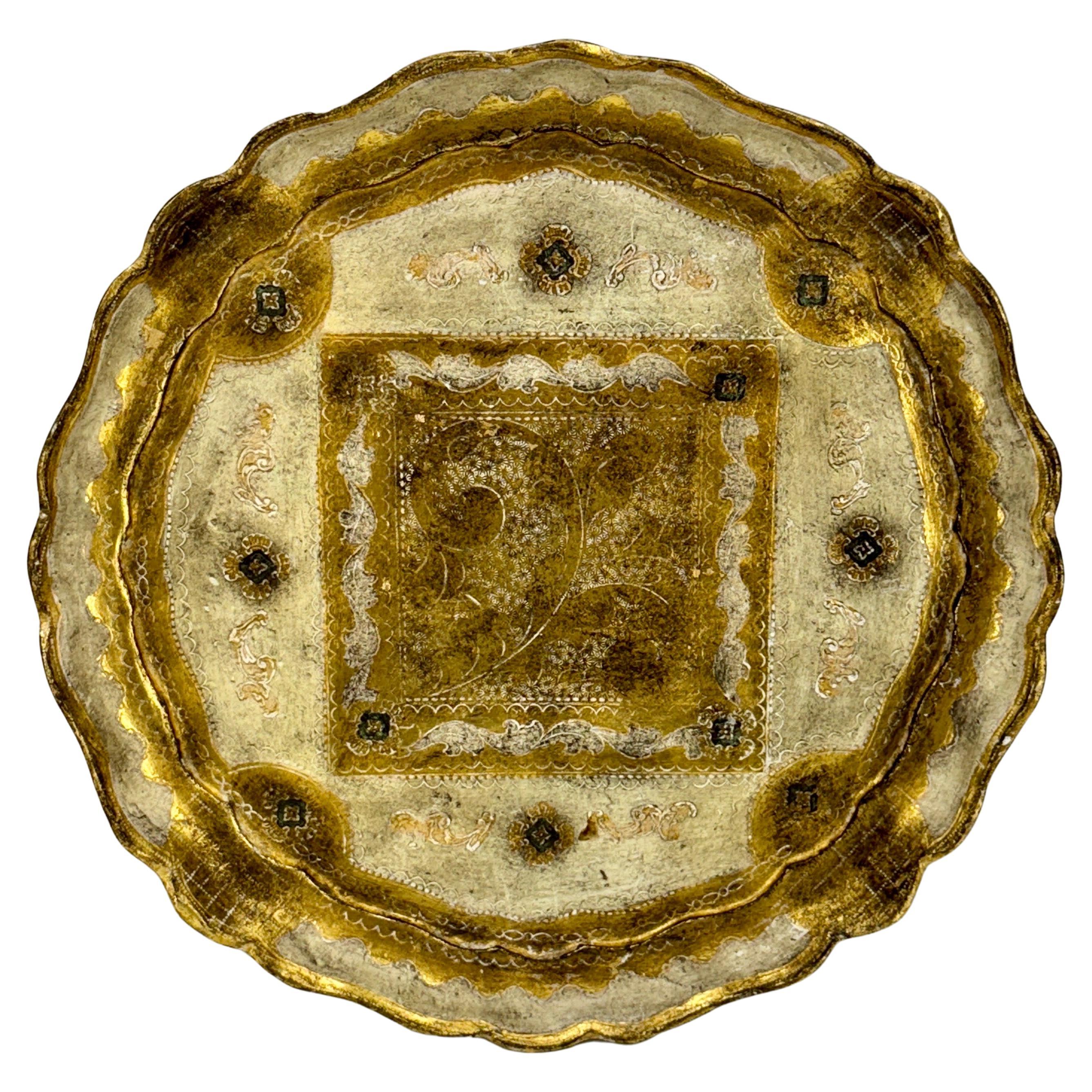 Italian Florentine Gold Gilt Ivory Vintage Wood Round Tray 