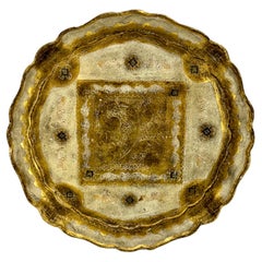 Italian Florentine Gold Gilt Ivory Antique Wood Round Tray 