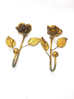 Two Italian Florentine Gold Gilt Metal Rose Coat Hook Toleware Tole, 1950s