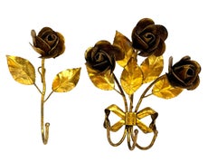 Italian Florentine Gold Gilt Metal Rose Coat Hook Set Toleware Tole, 1950s