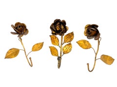 Italian Florentine Gold Gilt Metal Rose Coat Hook Set Toleware Tole, 1950s
