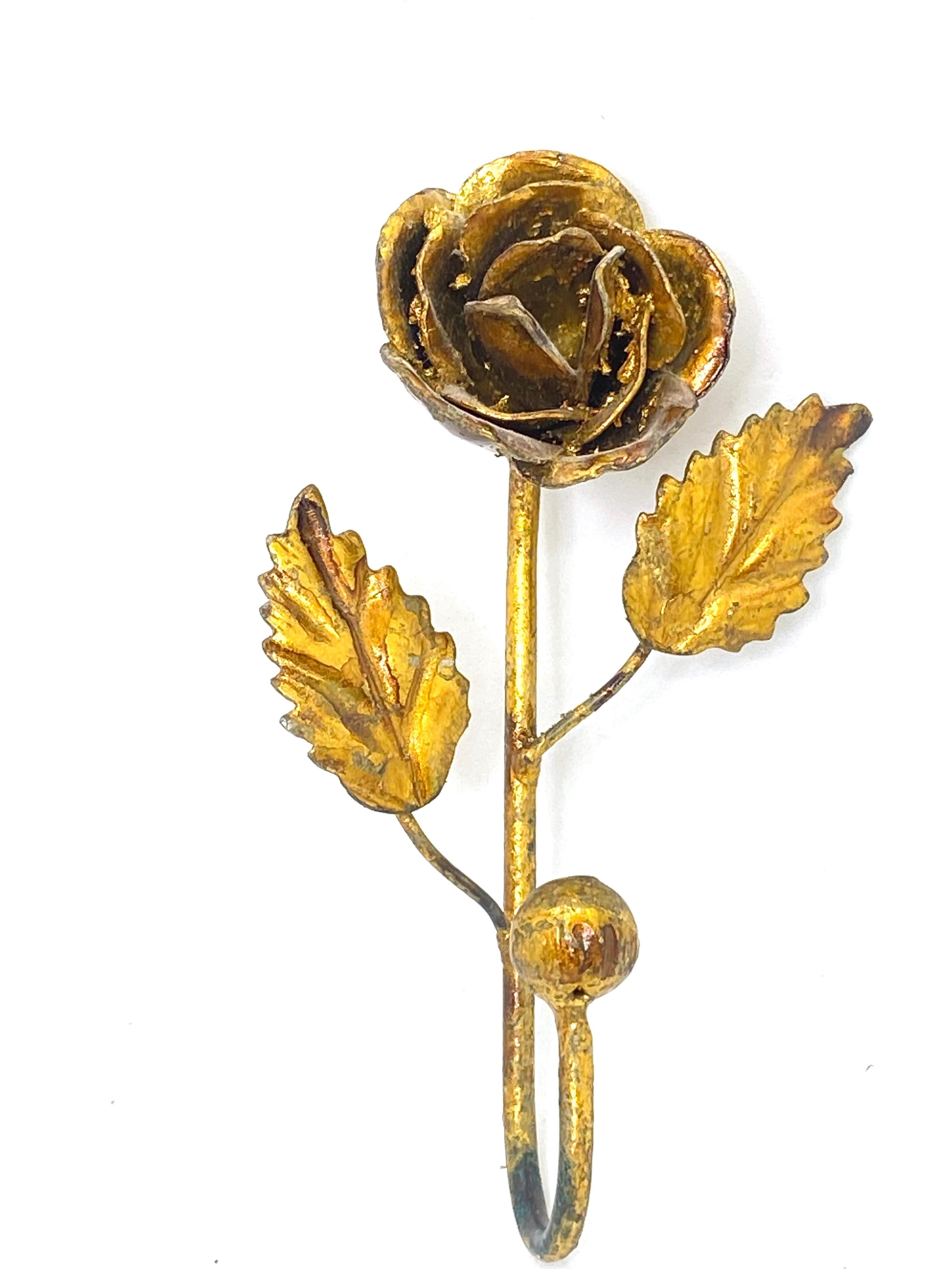 Hollywood Regency Two Italian Florentine Gold Gilt Metal Rose Coat Hook Toleware Tole, 1950s