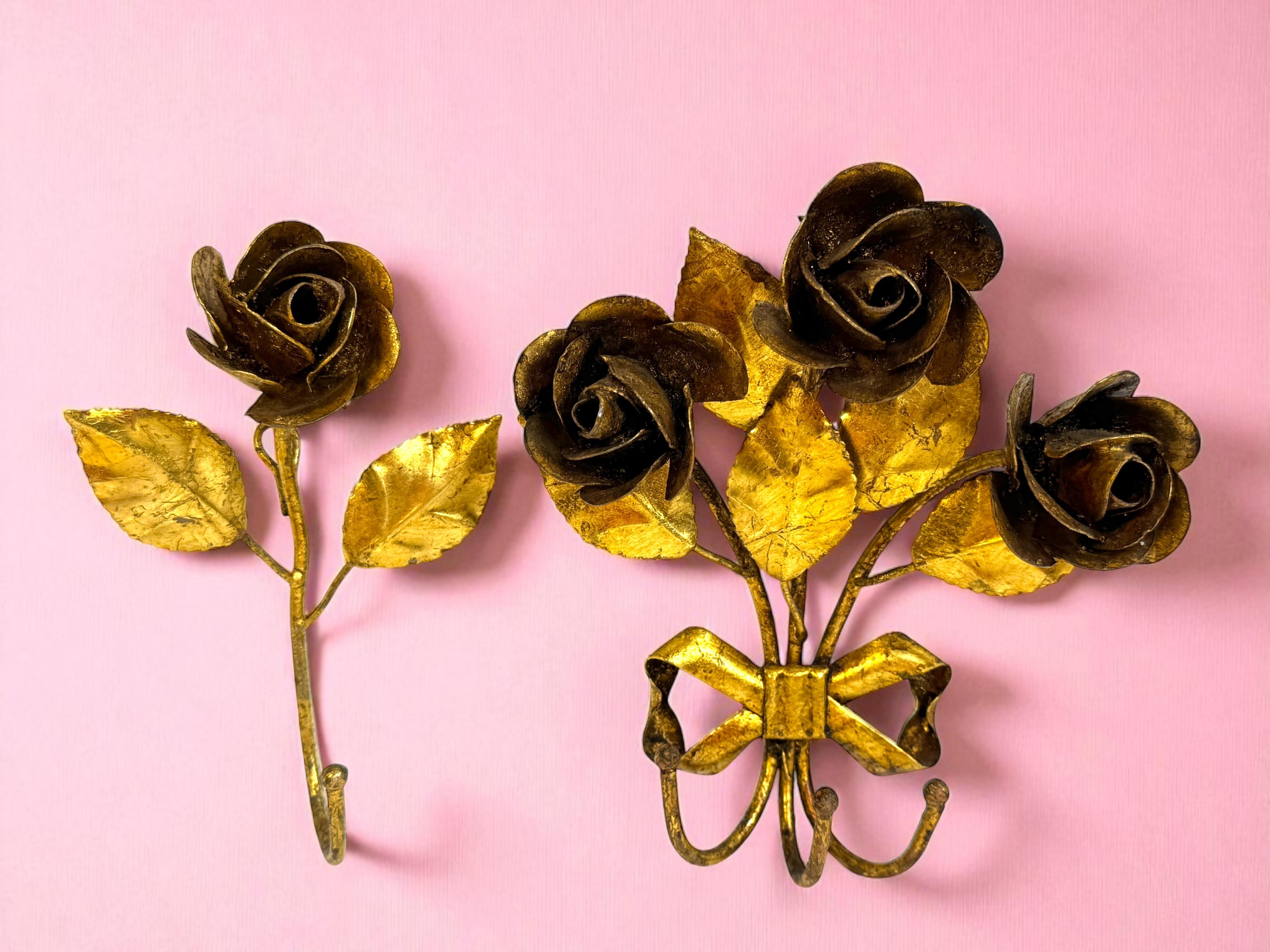 Metallo Set di appendiabiti a rosa in metallo dorato Florentine, anni '50
