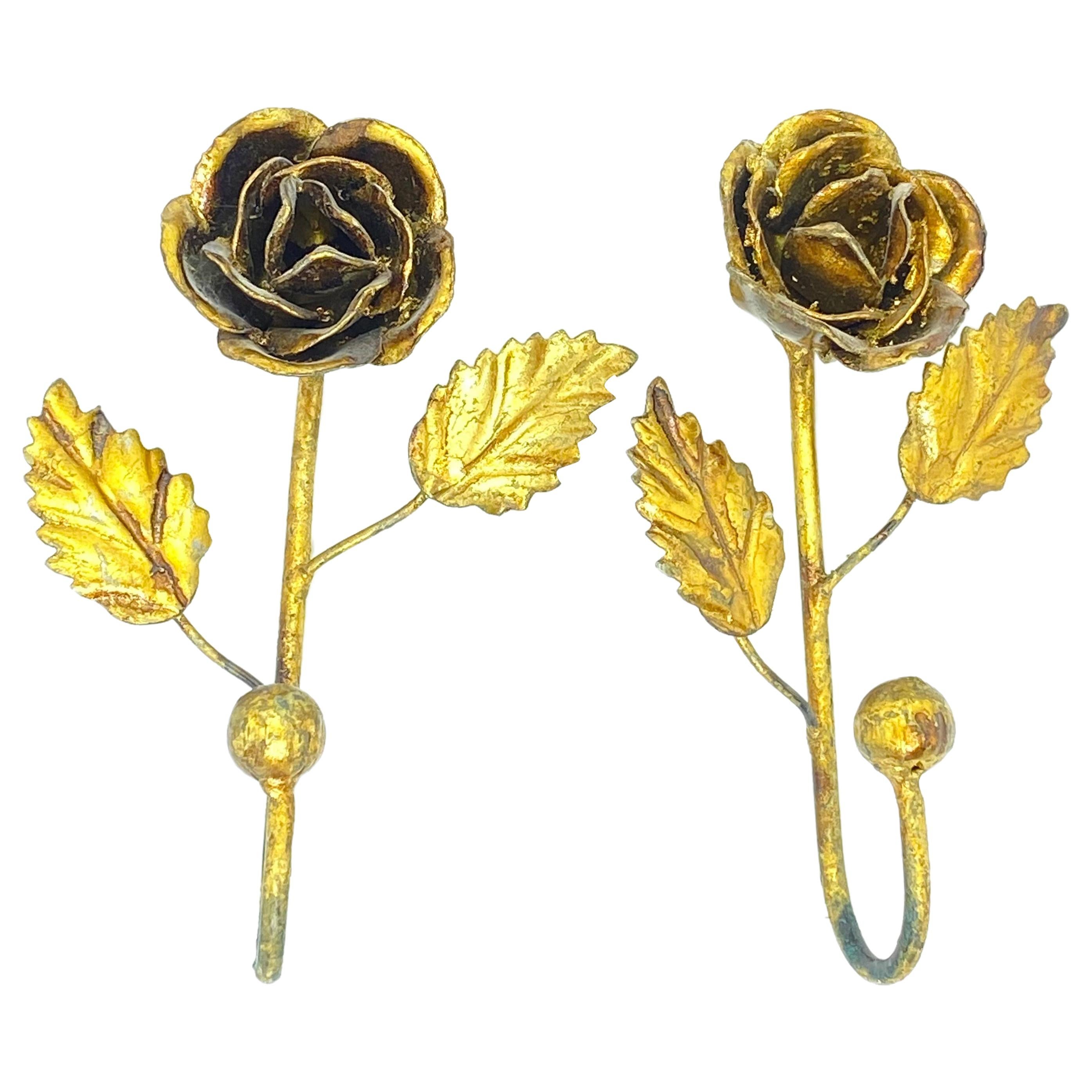 Two Italian Florentine Gold Gilt Metal Rose Coat Hook Toleware Tole, 1950s