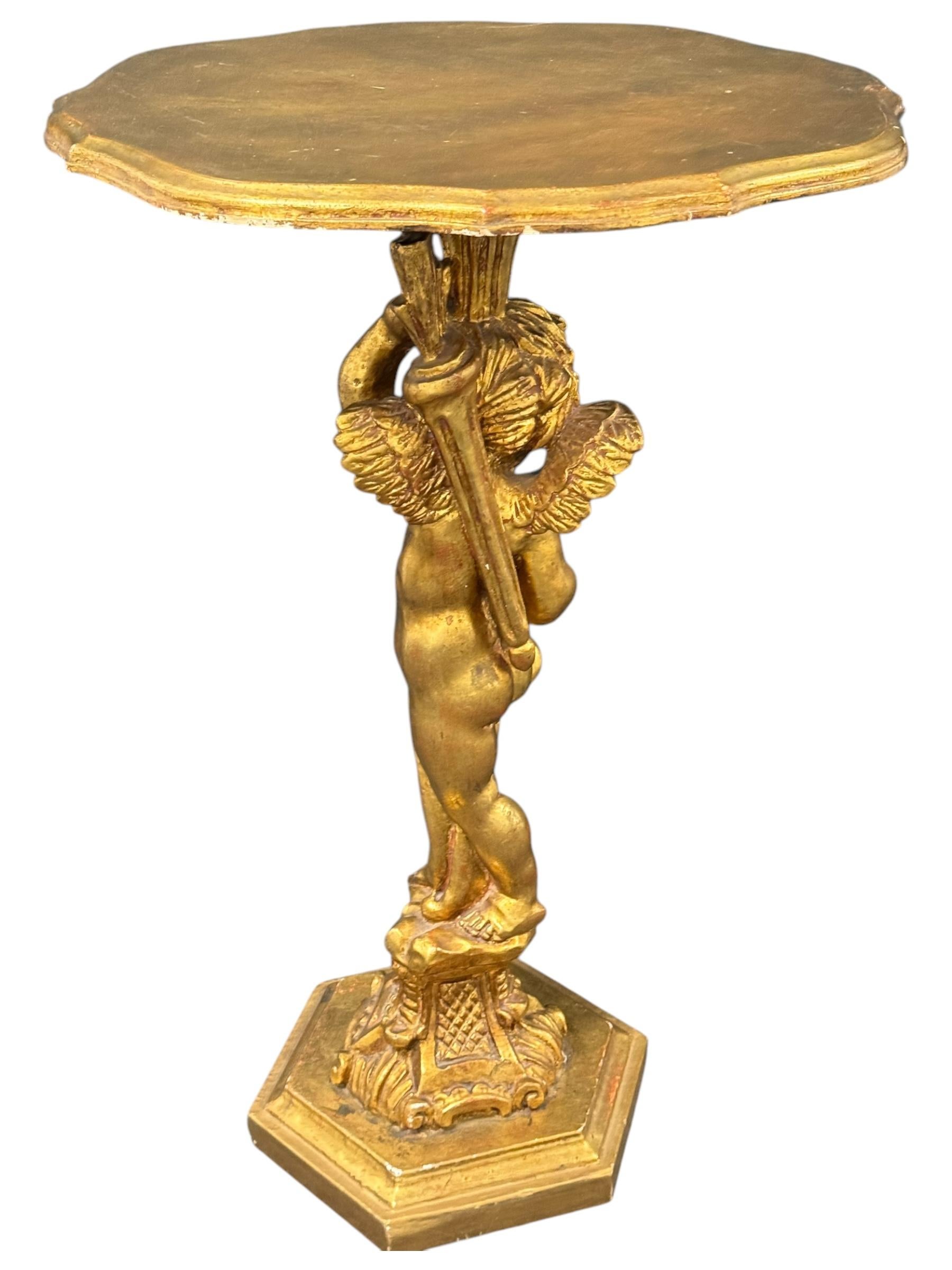Table d'appoint italienne en bois doré Florentine Pied d'ange chérubin, Toleware Tole en vente 3