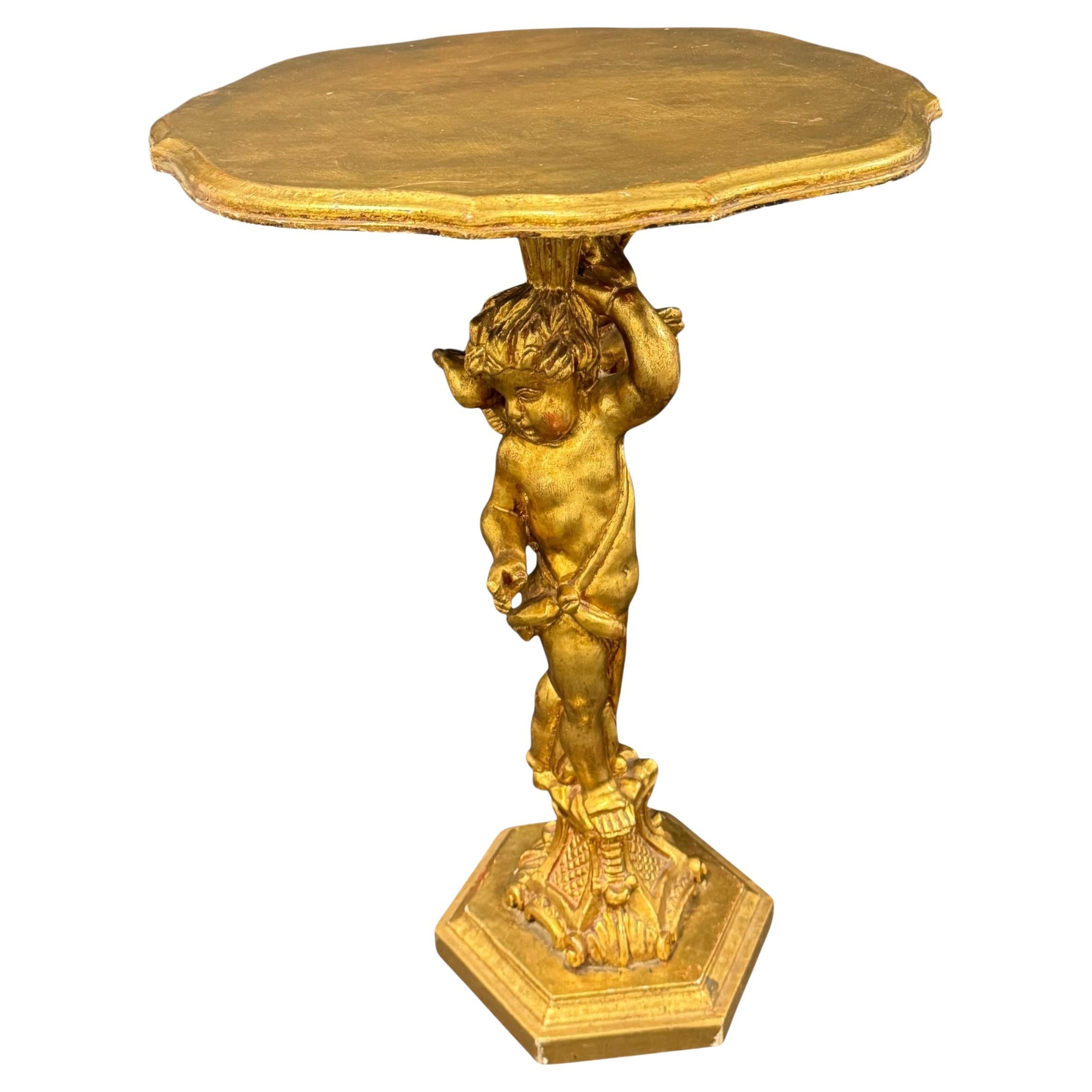 Italian Florentine Gold Gilt Wood Side Table Cherub Angel Foot, Toleware Tole