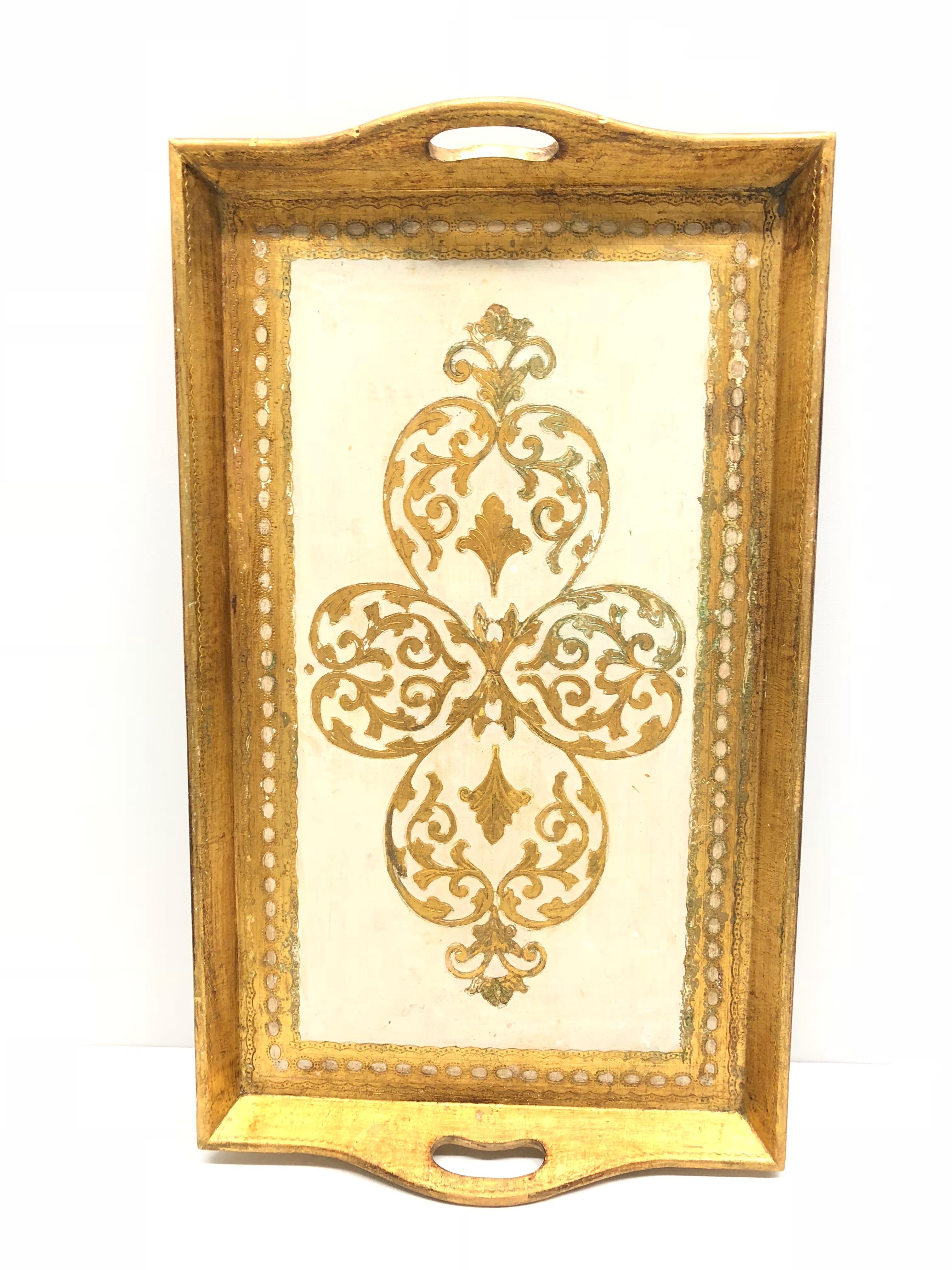 Italian Florentine Gold Giltwood Serving Dresser Tray Toleware Tole, 1950s 1