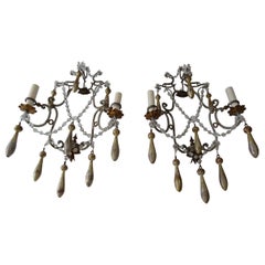 Italian Florentine Gold & Silver Wooden Tassels Crystal Swags Sconces circa 1870
