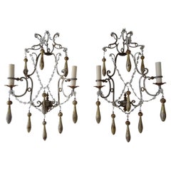 Italian Florentine Gold & Silver Wooden Tassels Crystal Swags Sconces circa 1870