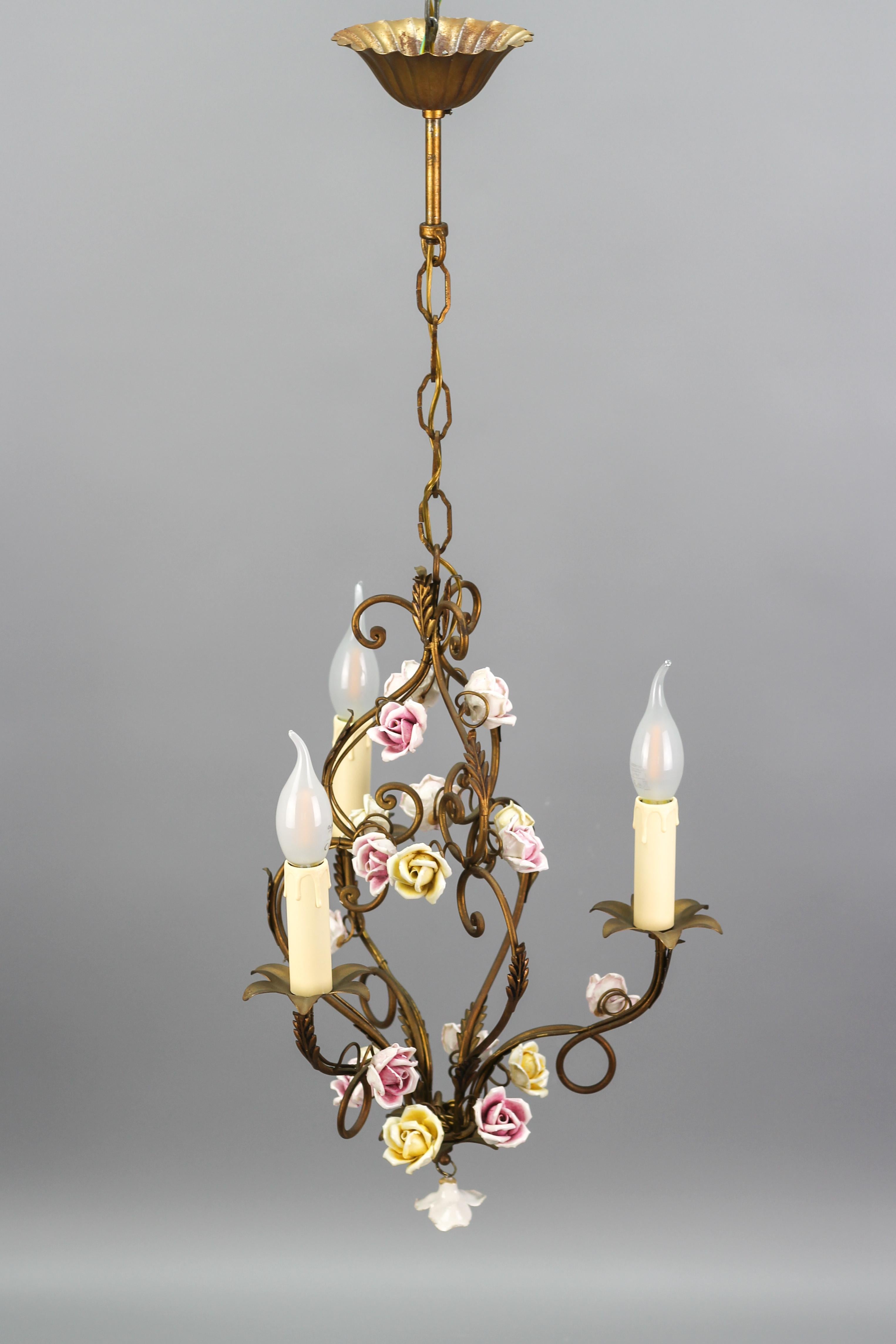 Italian Golden Metal Three-Light Chandelier with Porcelain Roses, ca. 1970s For Sale 9