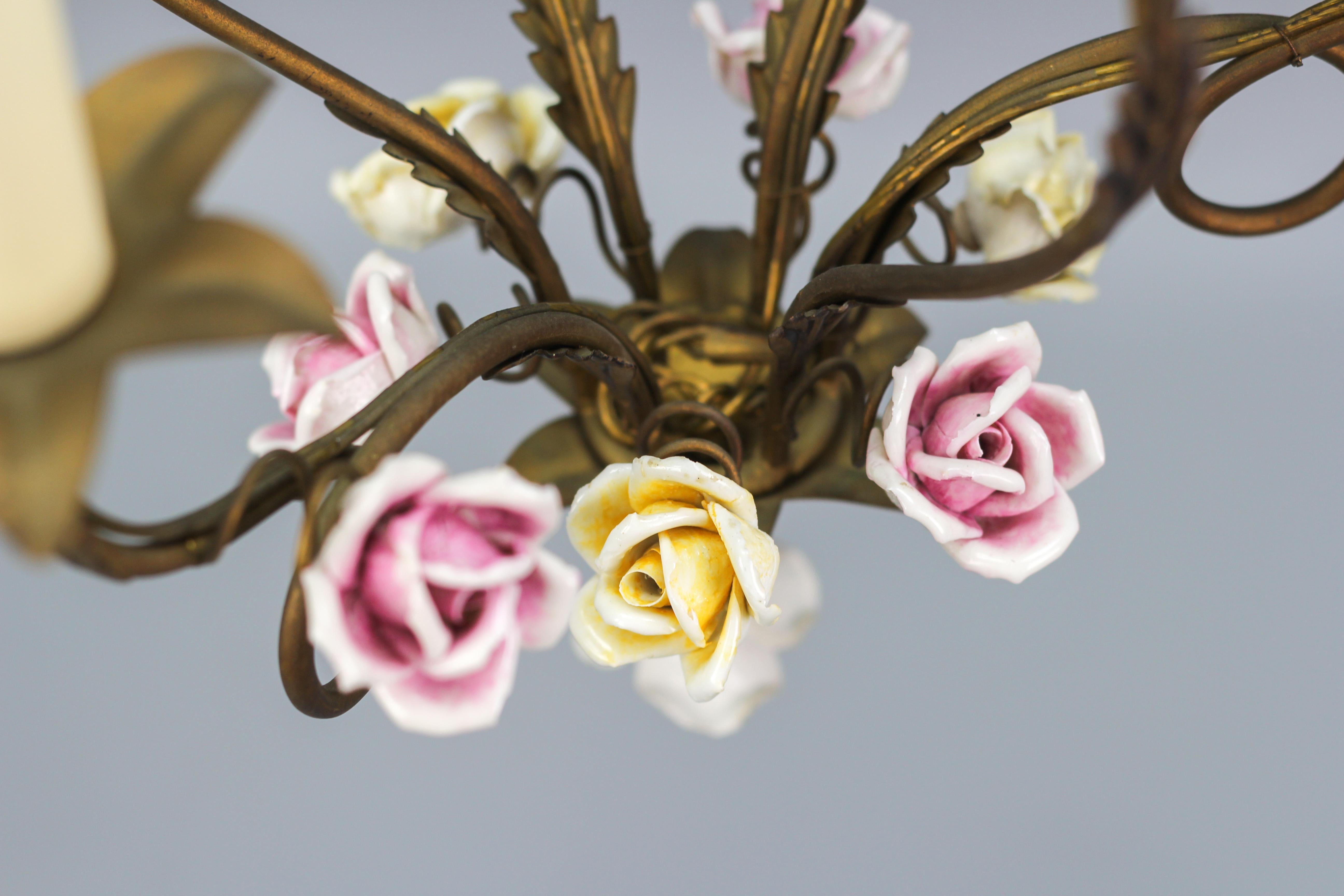 Italian Golden Metal Three-Light Chandelier with Porcelain Roses, ca. 1970s For Sale 10