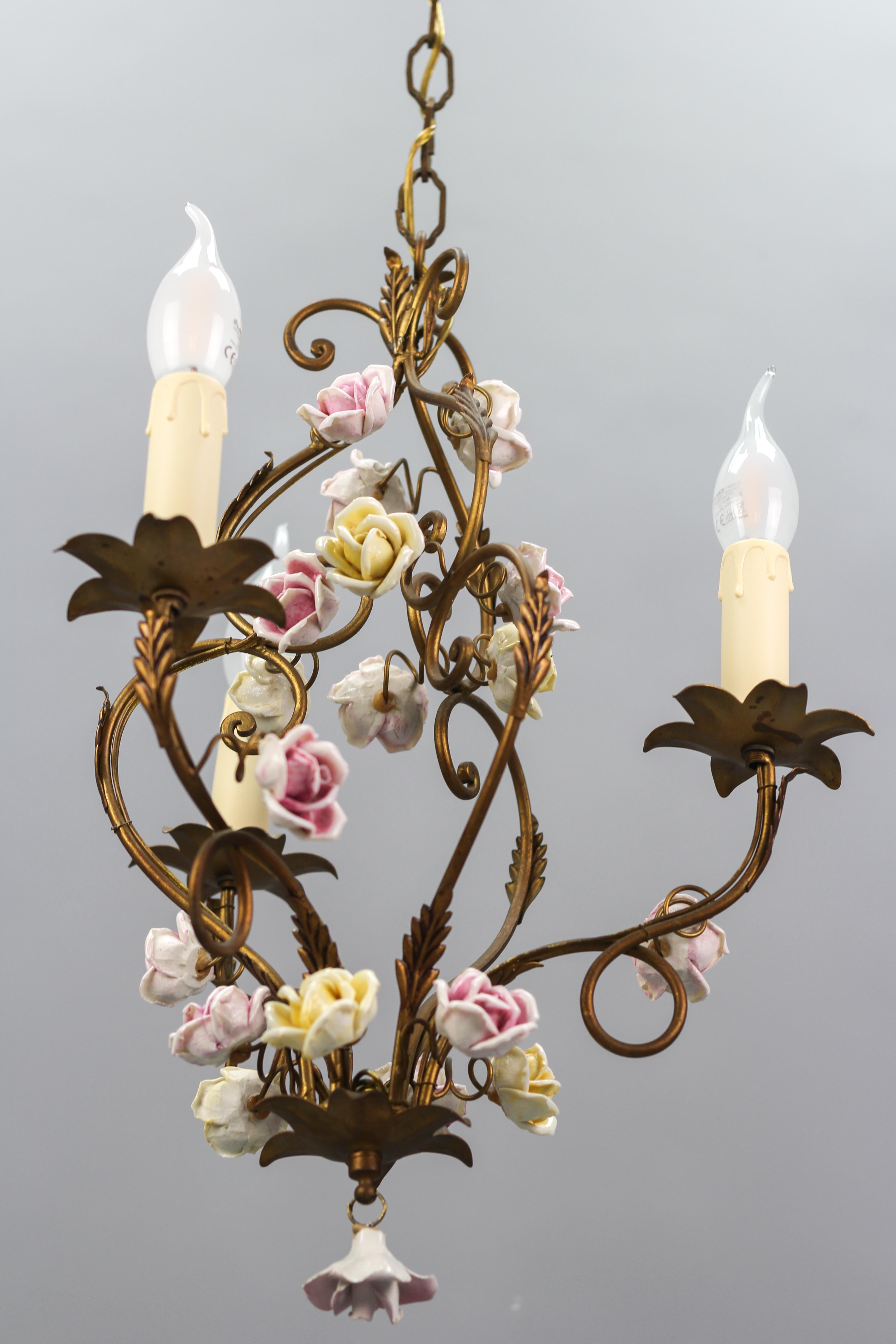 Italian Golden Metal Three-Light Chandelier with Porcelain Roses, ca. 1970s For Sale 12