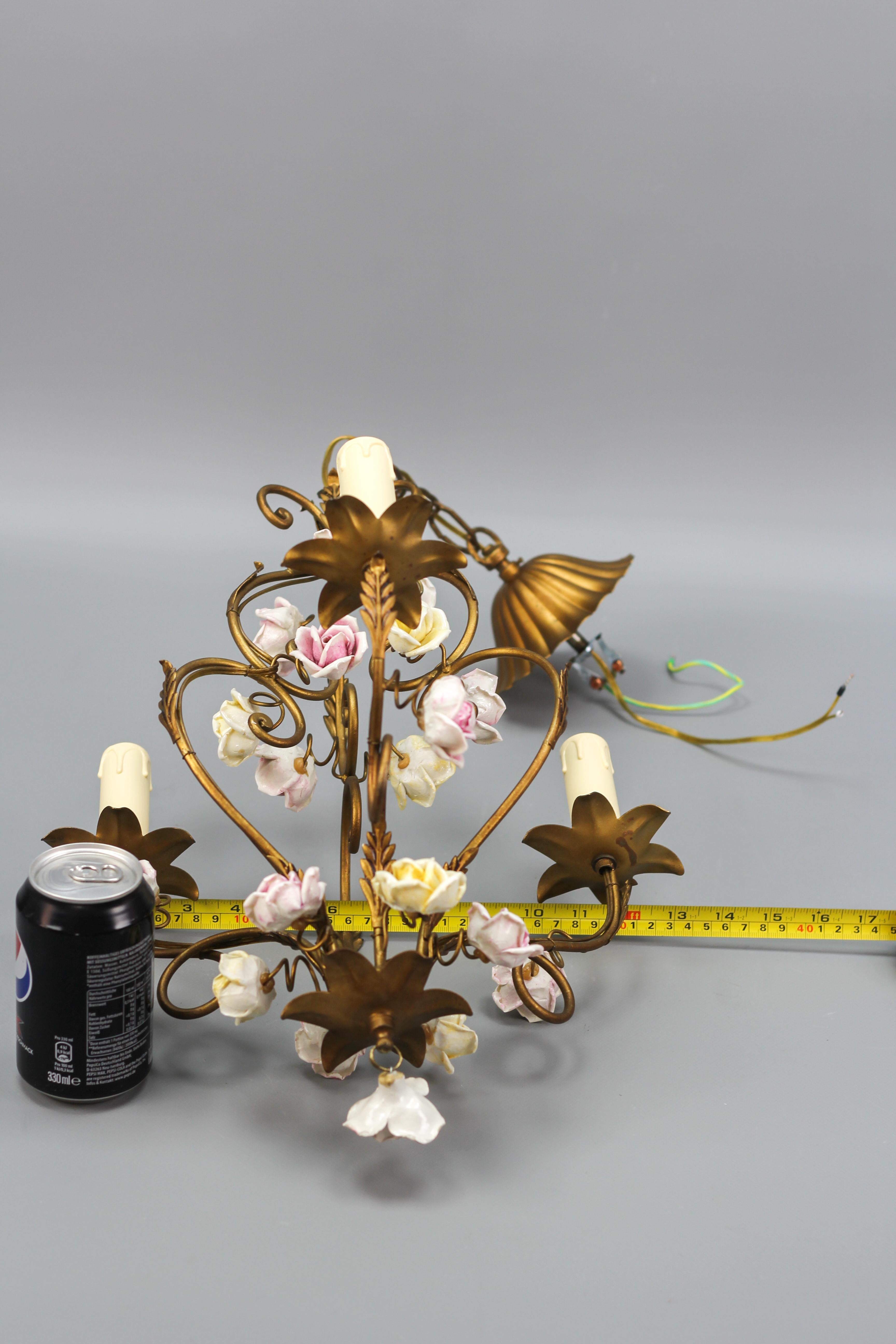 Italian Golden Metal Three-Light Chandelier with Porcelain Roses, ca. 1970s For Sale 14