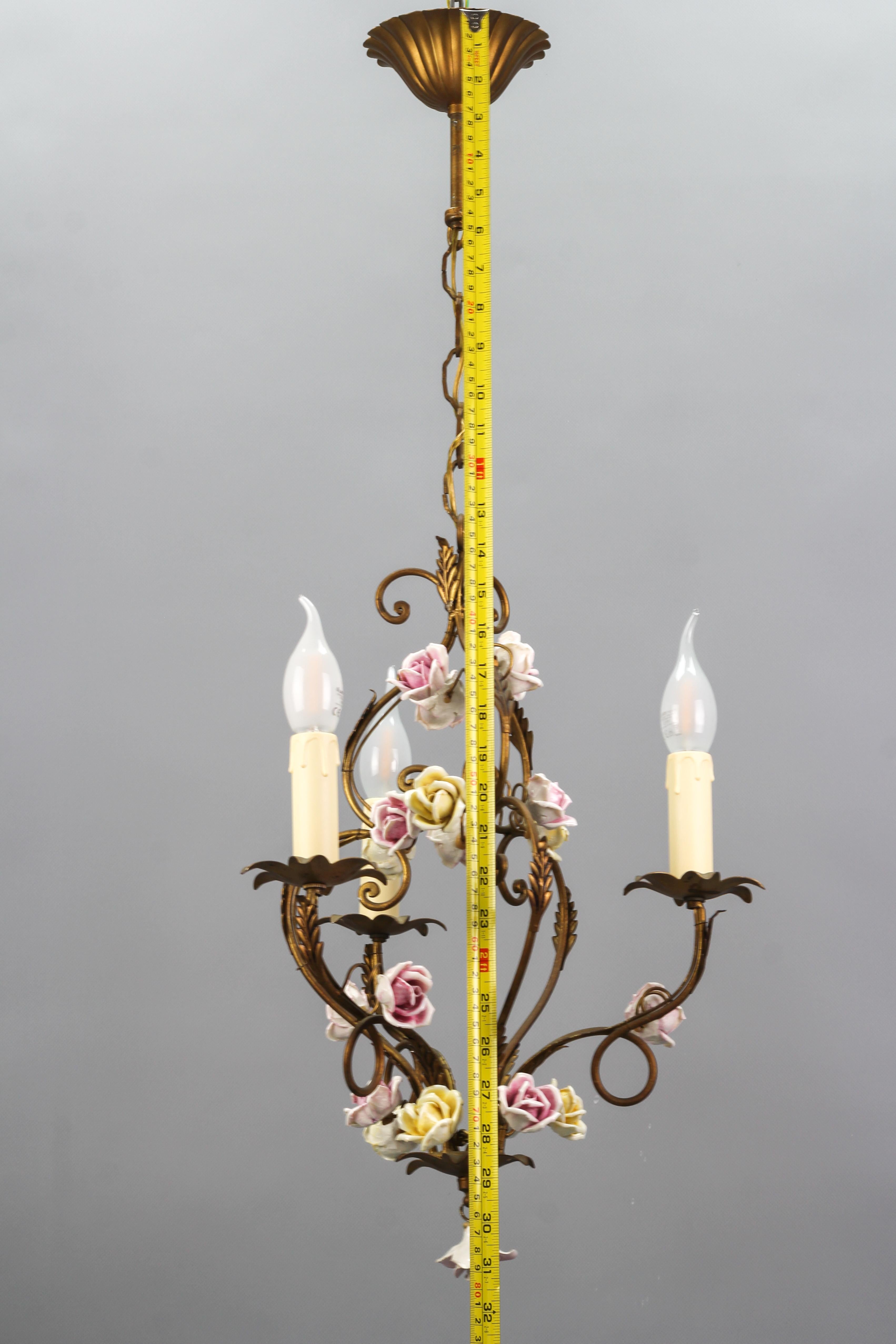 Italian Golden Metal Three-Light Chandelier with Porcelain Roses, ca. 1970s For Sale 15