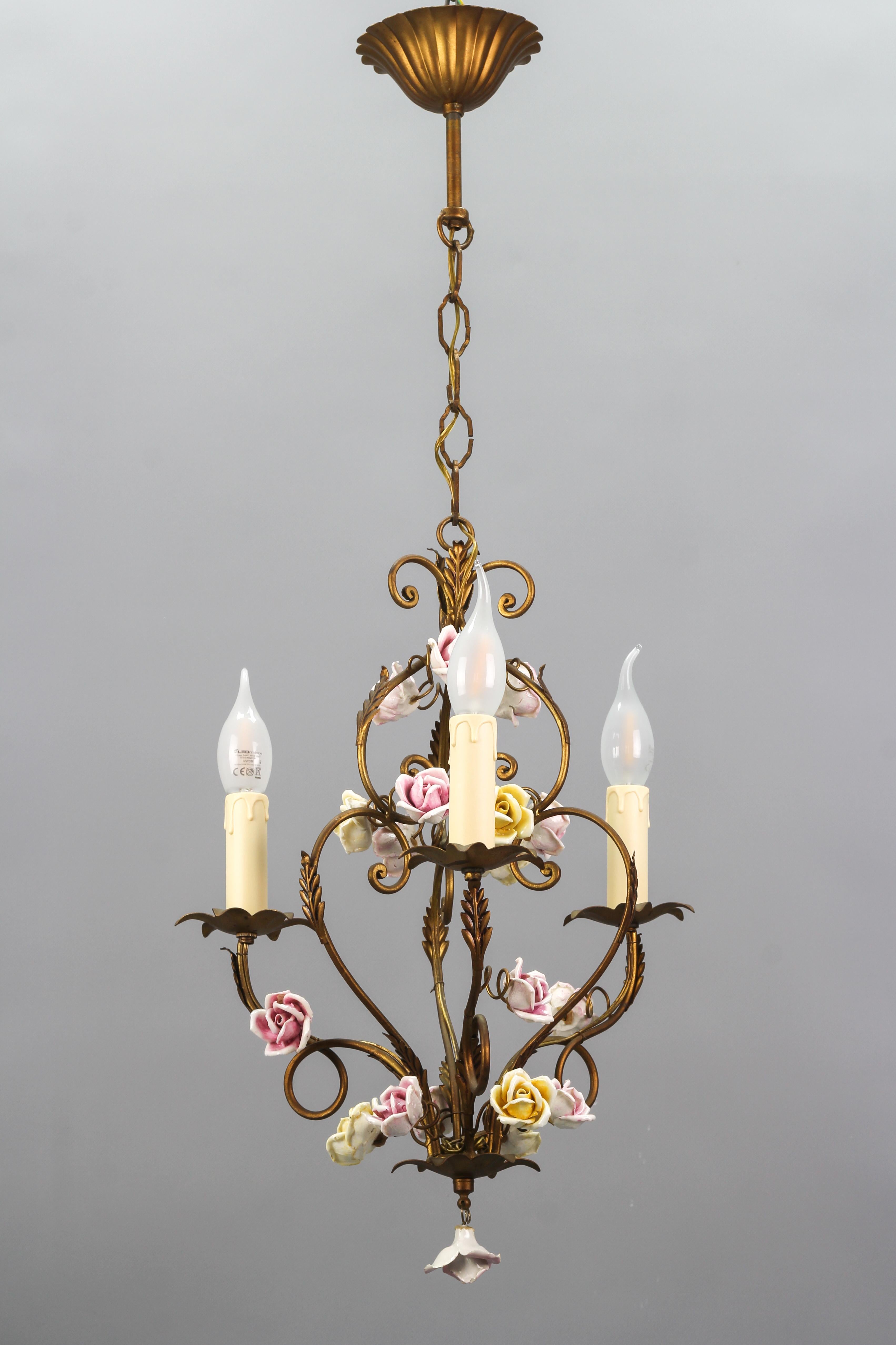 Italian Golden Metal Three-Light Chandelier with Porcelain Roses, ca. 1970s For Sale 5