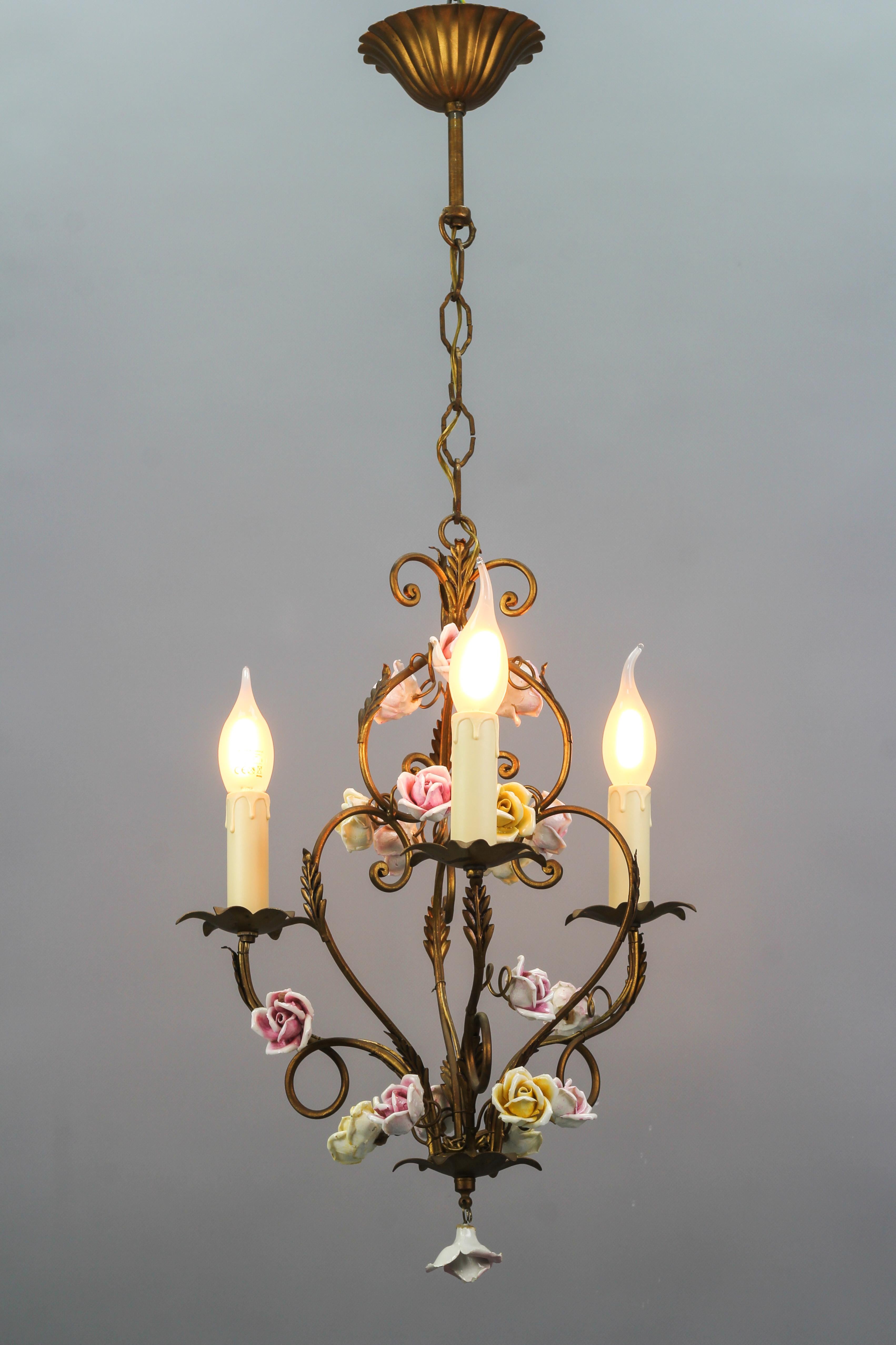 Italian Golden Metal Three-Light Chandelier with Porcelain Roses, ca. 1970s For Sale 6