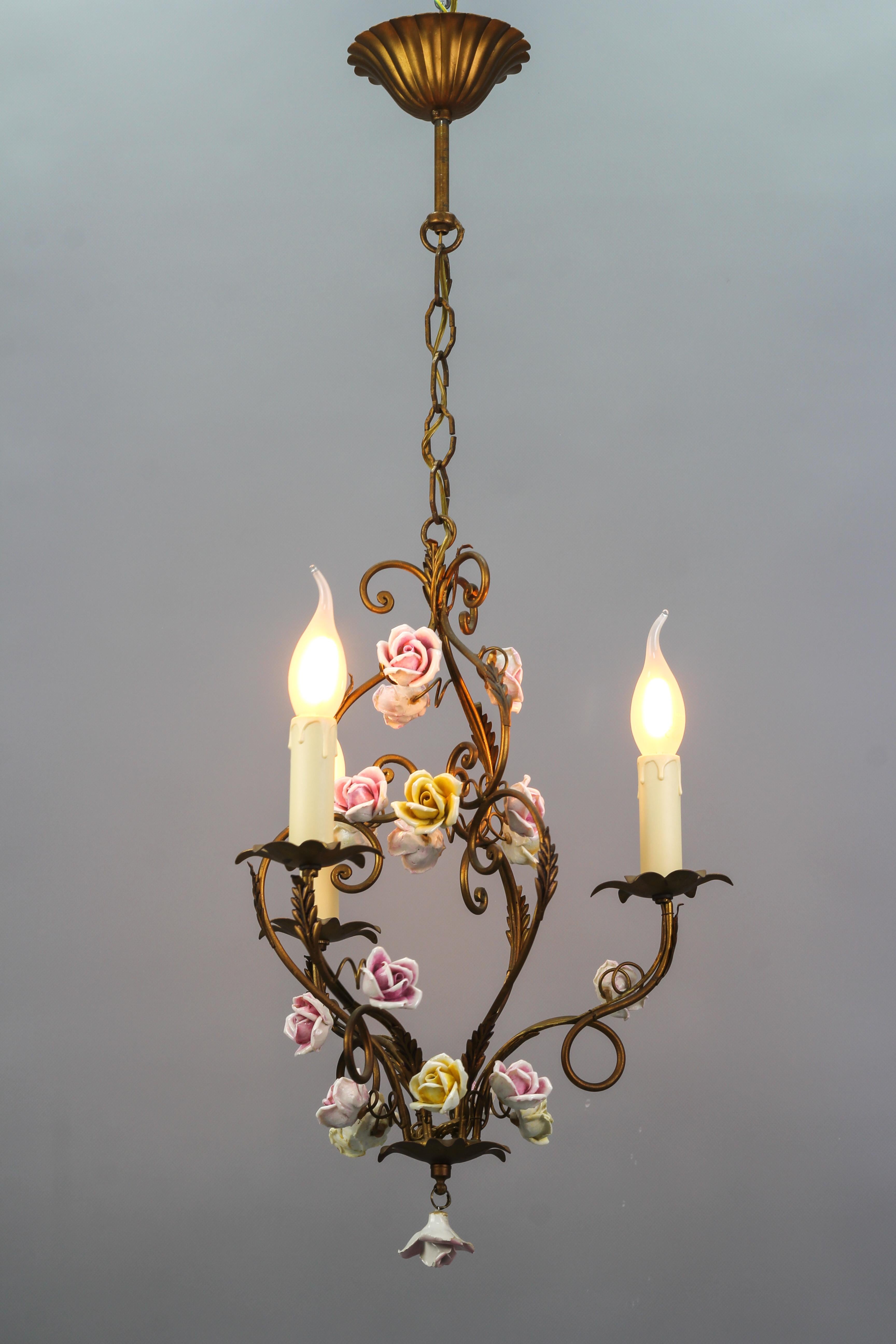 Italian Golden Metal Three-Light Chandelier with Porcelain Roses, ca. 1970s For Sale 8
