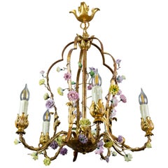 Italian Florentine Golden Wrought Iron and Porcelain Five-Light Chandelier