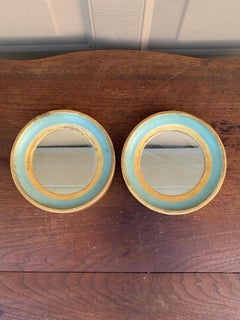 Italian Florentine Green and Gold Round Wall Mirrors, Pair