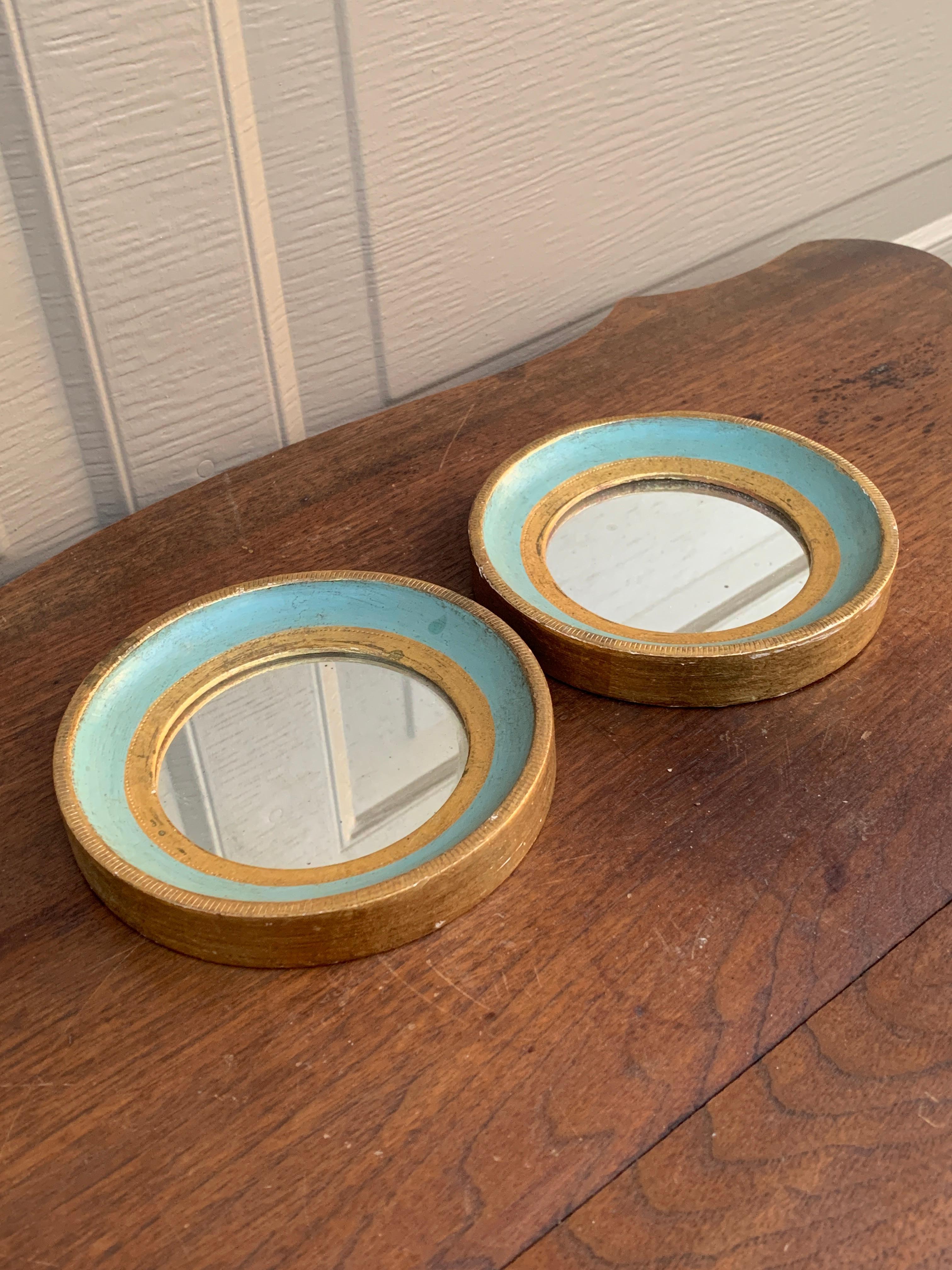 Italian Florentine Green and Gold Round Wall Mirrors, Pair In Good Condition For Sale In Elkhart, IN