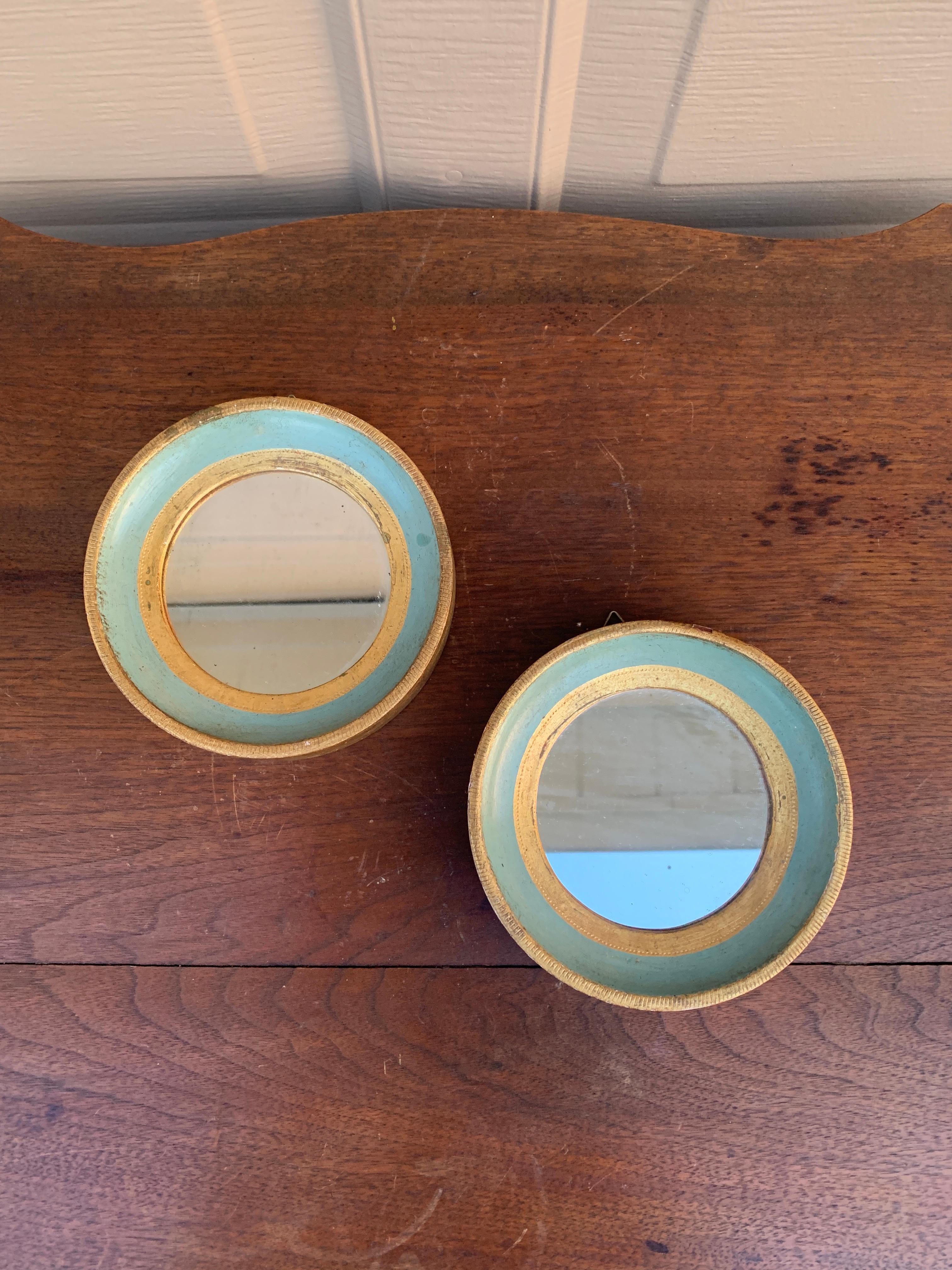 20th Century Italian Florentine Green and Gold Round Wall Mirrors, Pair For Sale