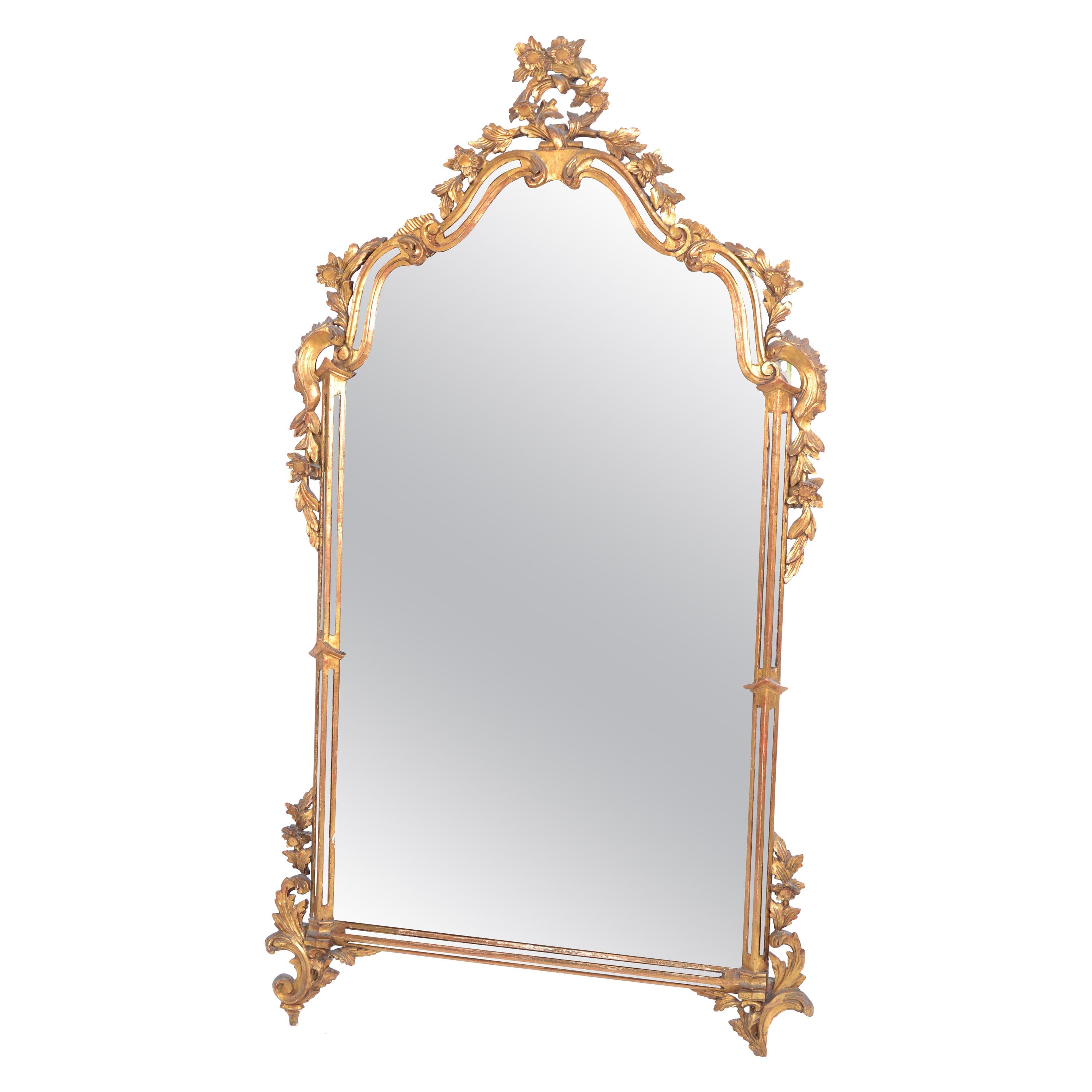Italian Florentine Hand Carved Giltwood and Antique Mirrored Glass Wall Mirror