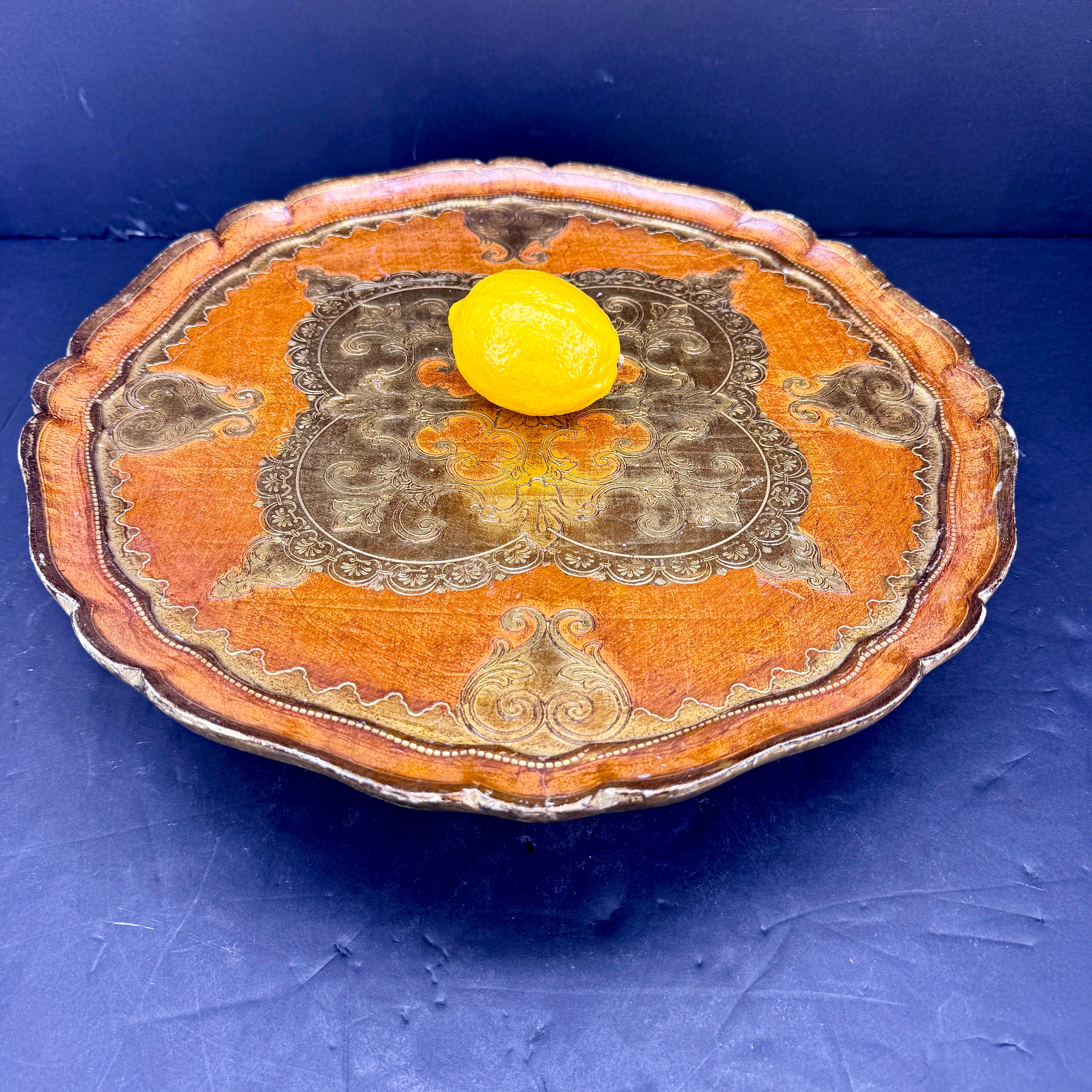 Bandeja Redonda Florentina Italiana Grande Madera Dorada Naranja Italiano en venta