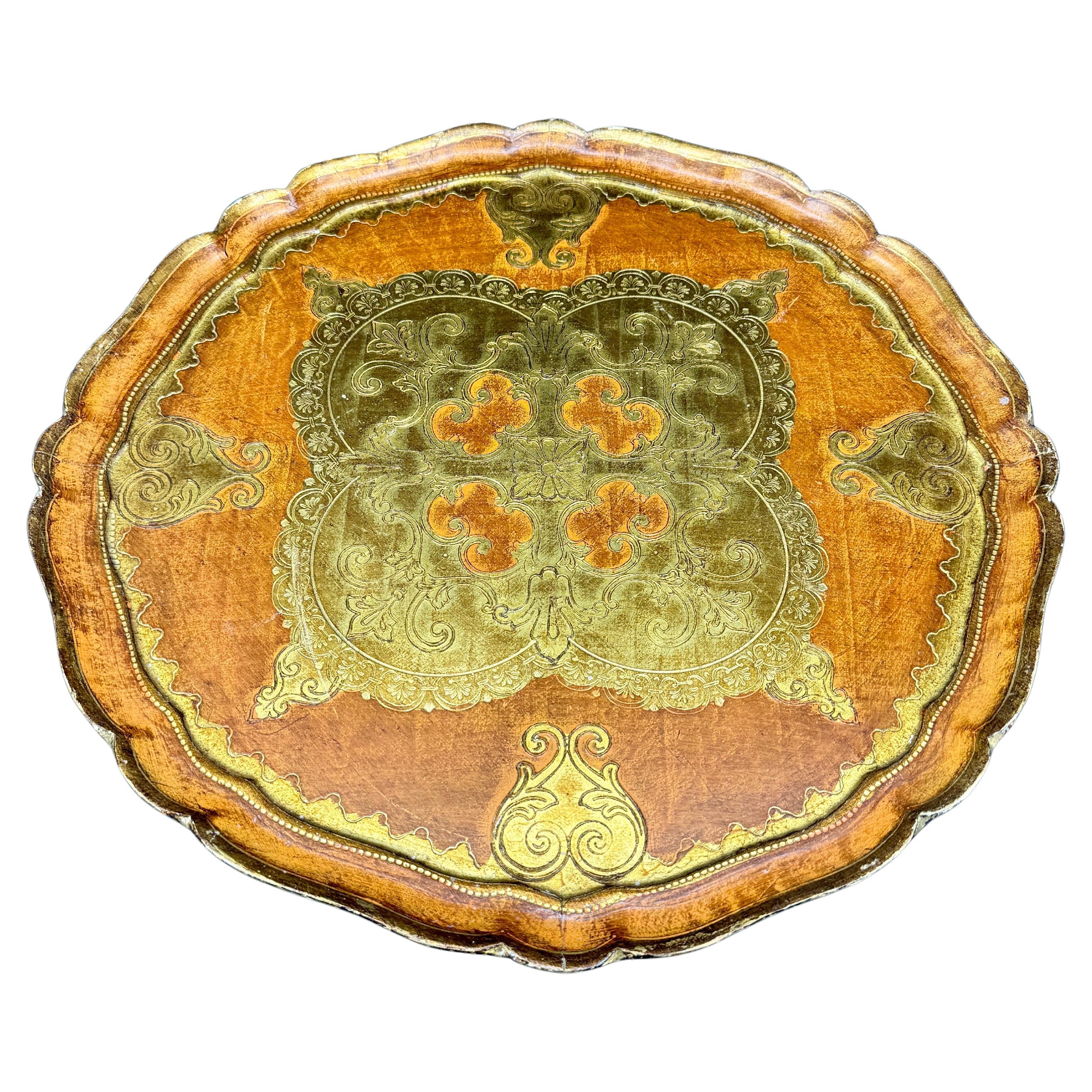 Vassoio rotondo in legno dorato arancione di grandi dimensioni Florentine