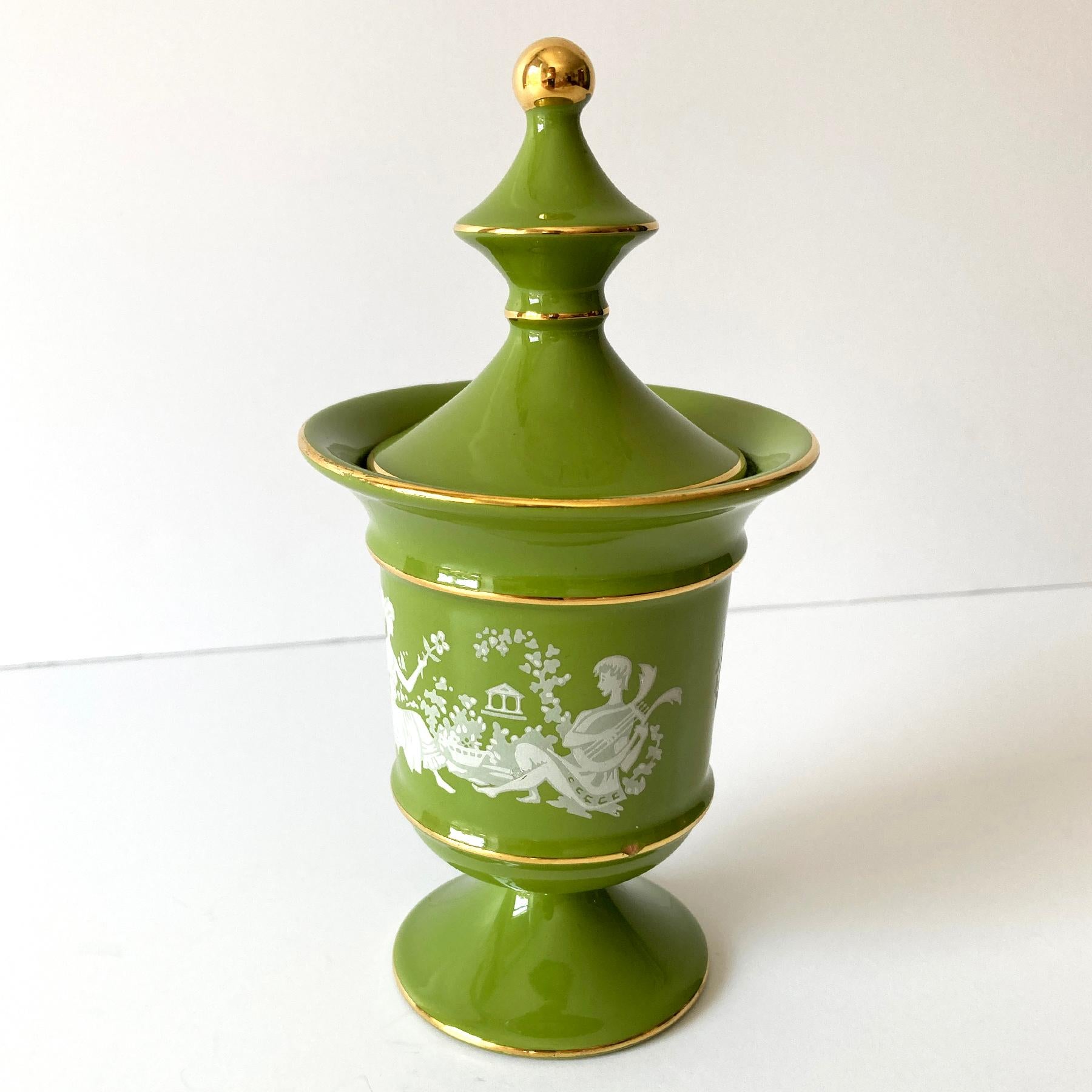 Urna Florentina Italiana de Jarrón Redondo con Tapa, Verde Musgo y Dorado, Años 60 Italiano en venta