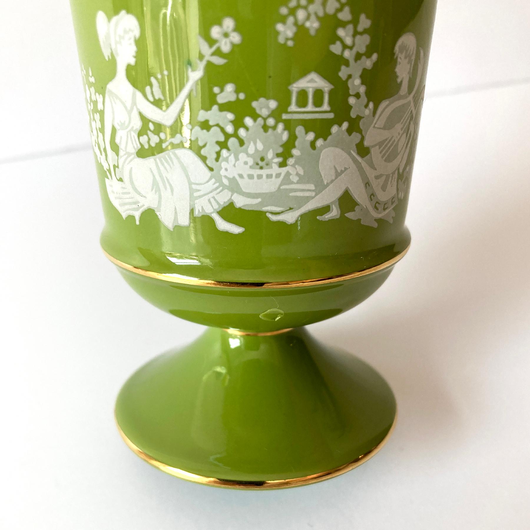Urna Florentina Italiana de Jarrón Redondo con Tapa, Verde Musgo y Dorado, Años 60 en venta 1
