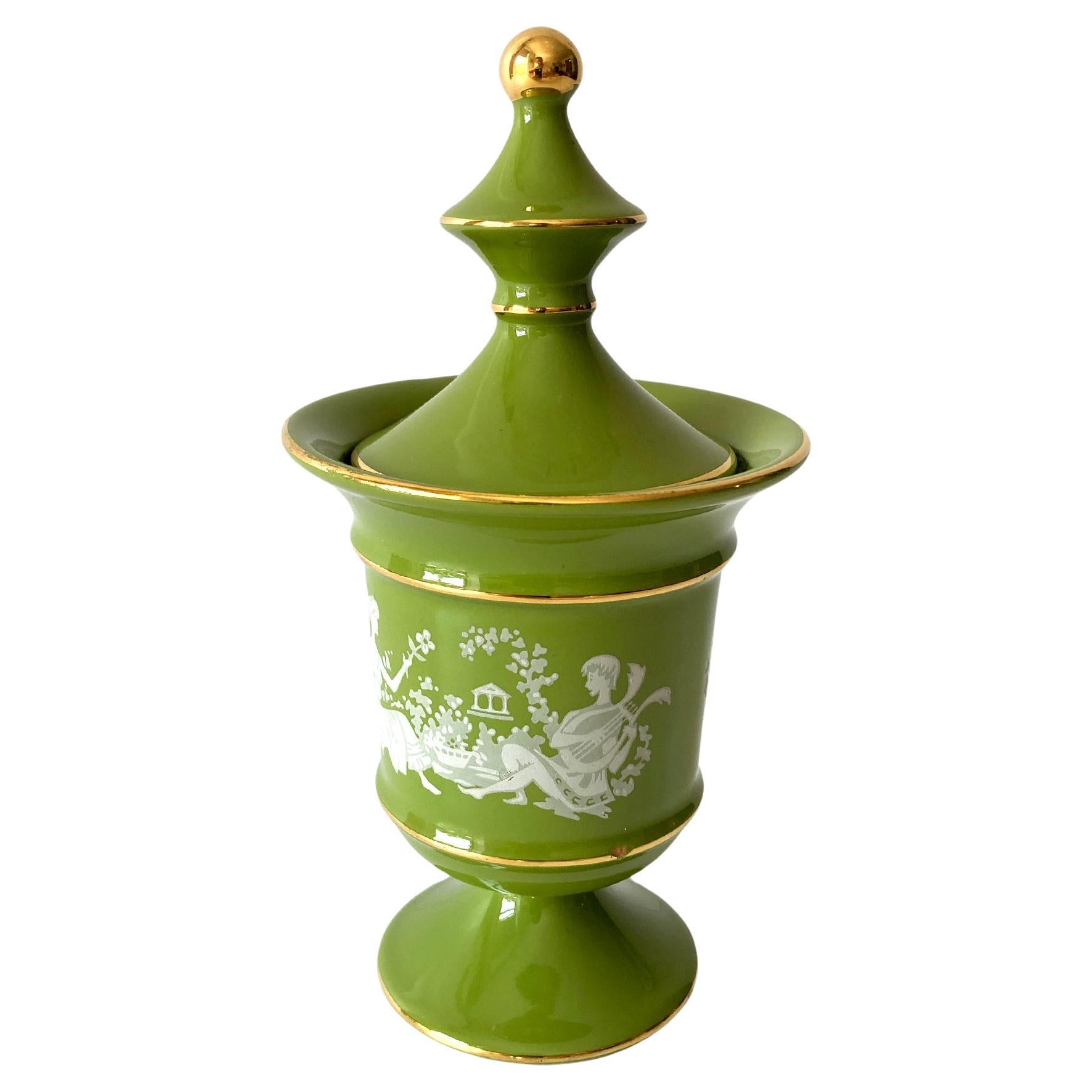 Italienische Florentine Moosgrün und Gold Petite Lidded Round Jar Urn, 1960er Jahre