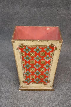Italian Florentine Paint Decorated Gilded Waste Paper Basket Trash Can