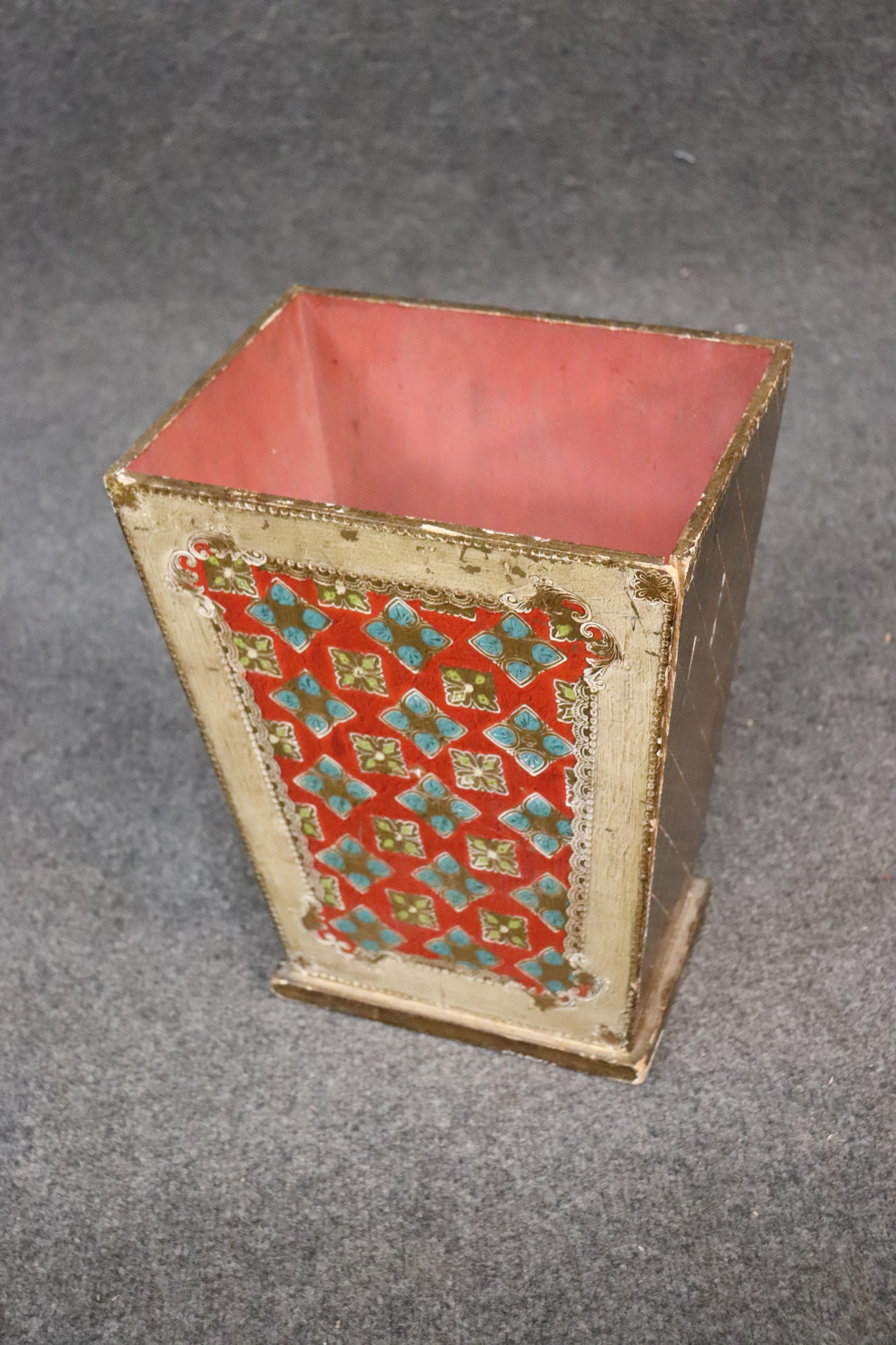 Aubusson Italian Florentine Paint Decorated Gilded Waste Paper Basket Trash Can