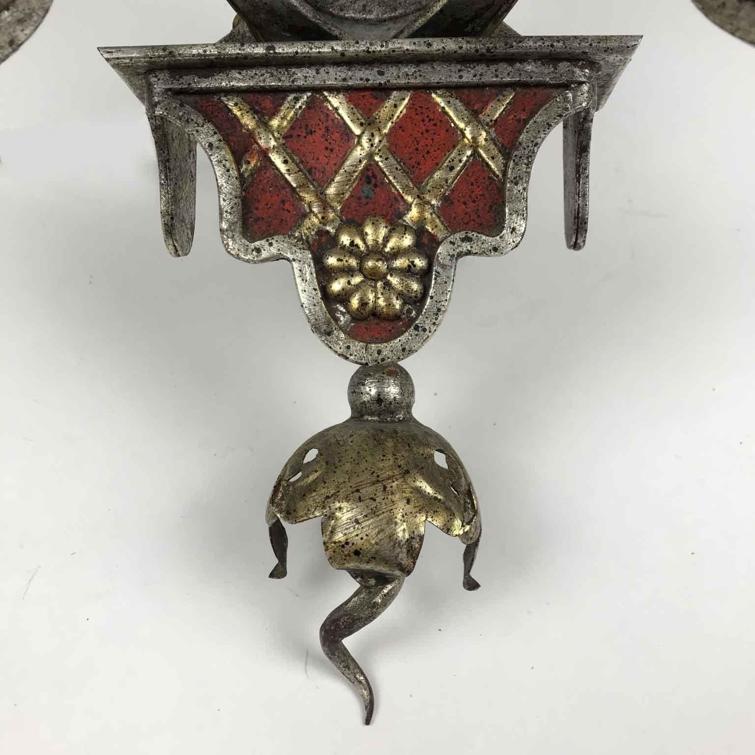 Silvered Italian Florentine Pair of Iron Sconces by Banci Firenze 1980 Renaissance Style For Sale