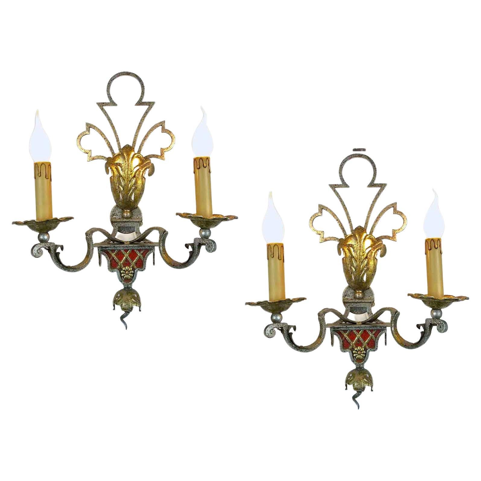 Italian Florentine Pair of Iron Sconces by Banci Firenze 1980 Renaissance Style For Sale