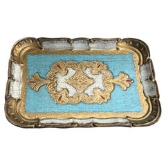 Plateau italien de style florentin, rectangulaire, en bois doré, couleur turquoise et or