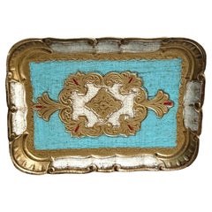 Plateau italien de style florentin, rectangulaire, en bois doré, couleur turquoise et or