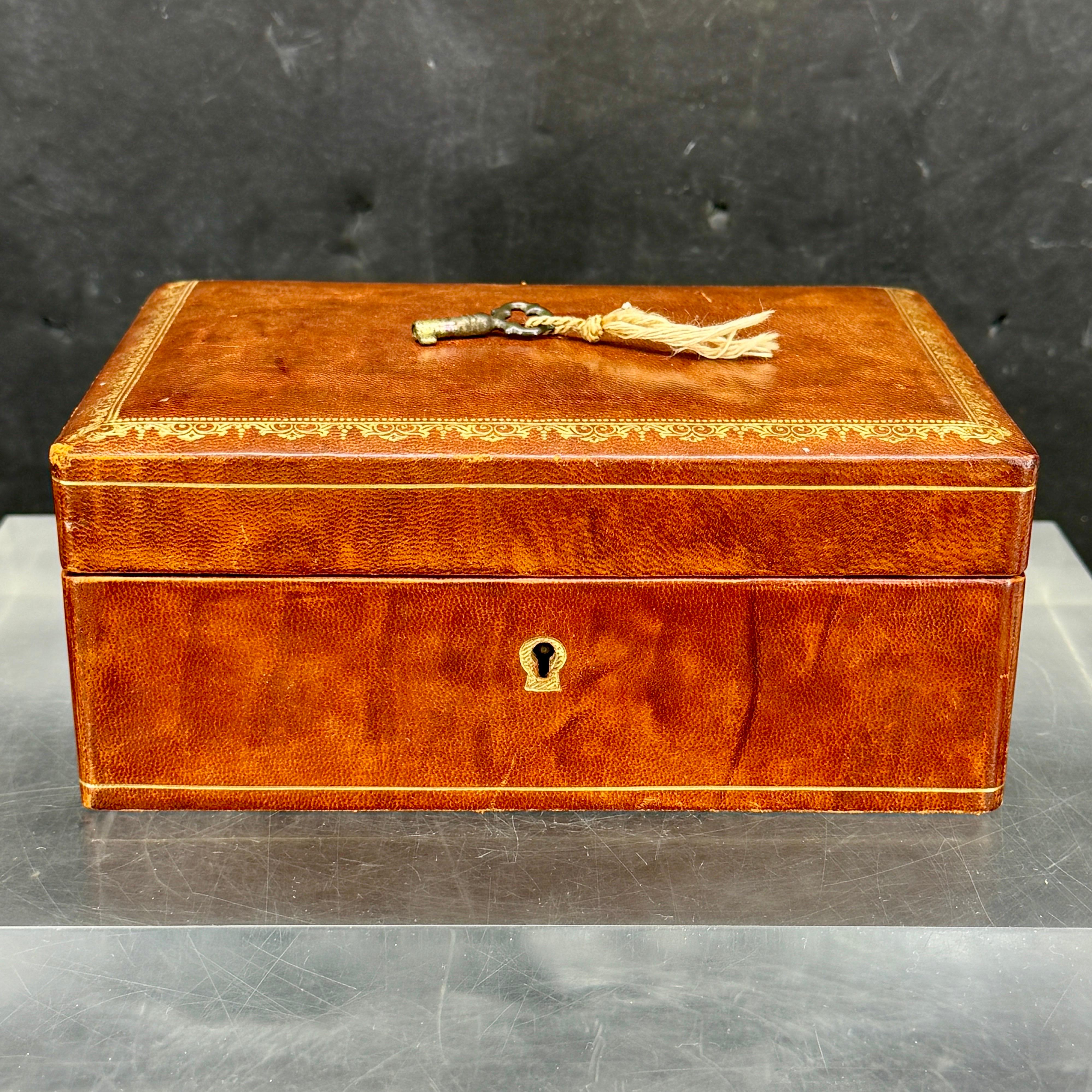 Mid-Century Modern Italian Florentine Rectangular Gold Embossed Leather Box with Lock and Key For Sale
