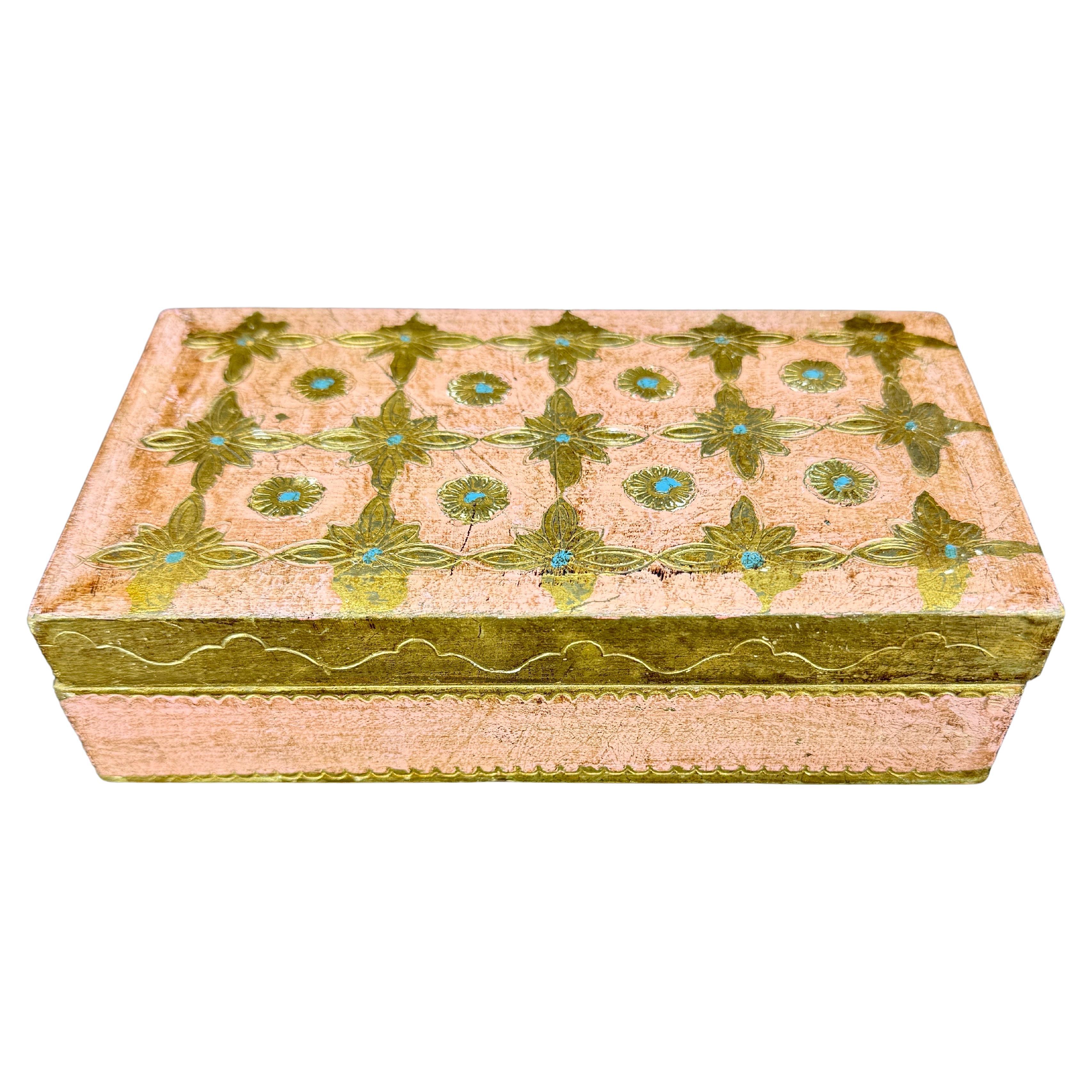 Scatola portagioie italiana Florentine rettangolare in legno dorato rosa Gioielli