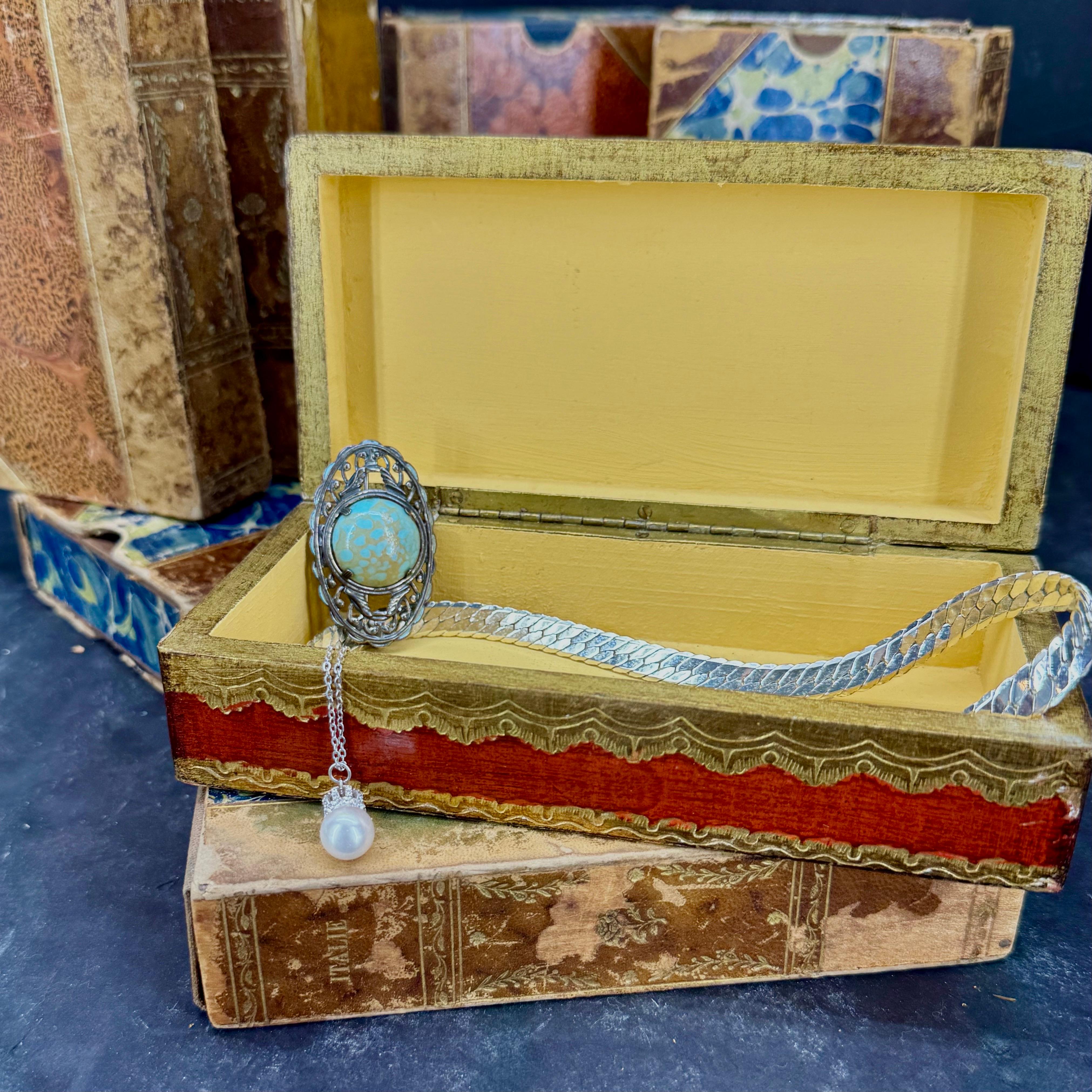 Mid-Century Modern Italian Florentine Rectangular Wood Trinket Jewelry Box For Sale