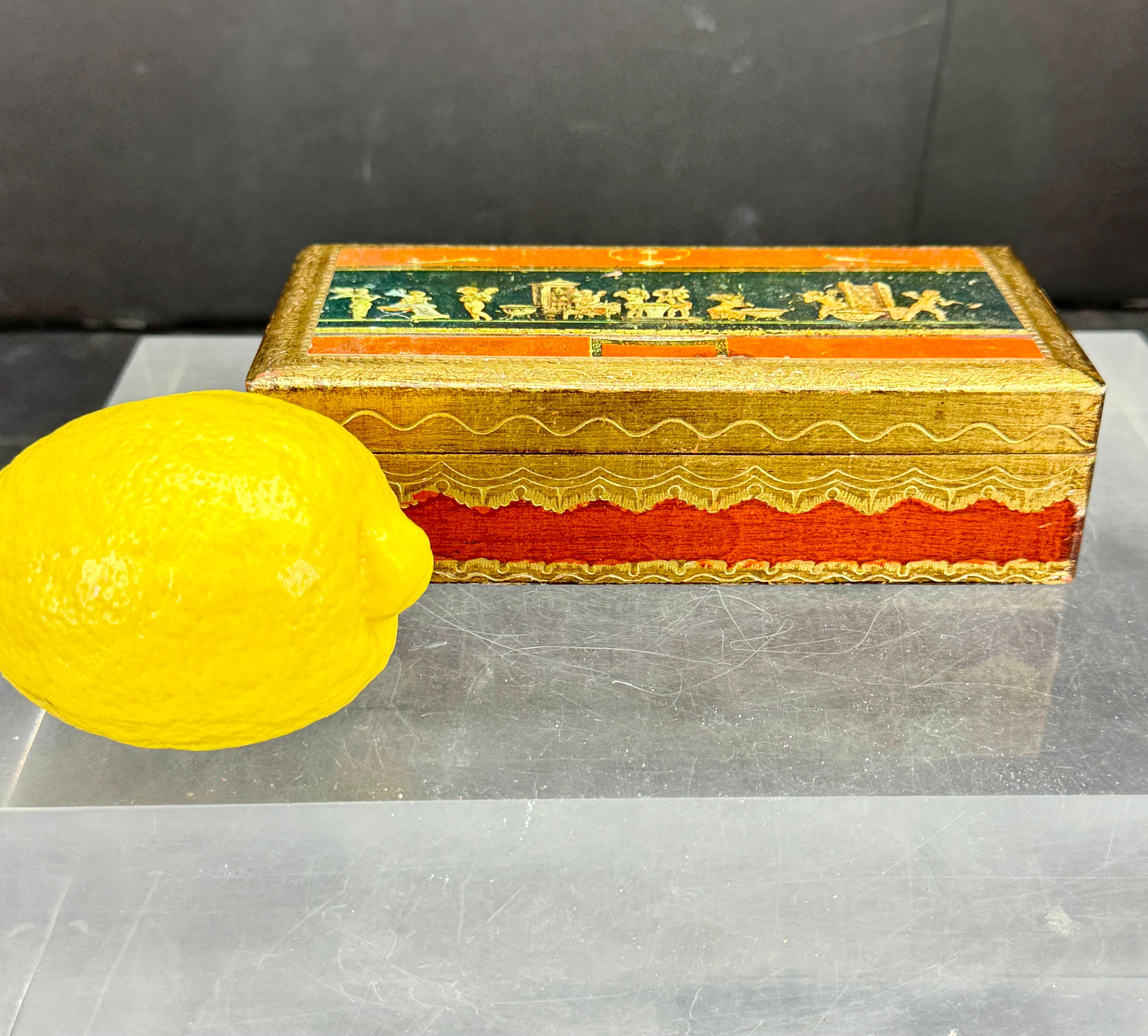 Italian Florentine Rectangular Wood Trinket Jewelry Box In Good Condition For Sale In Haddonfield, NJ