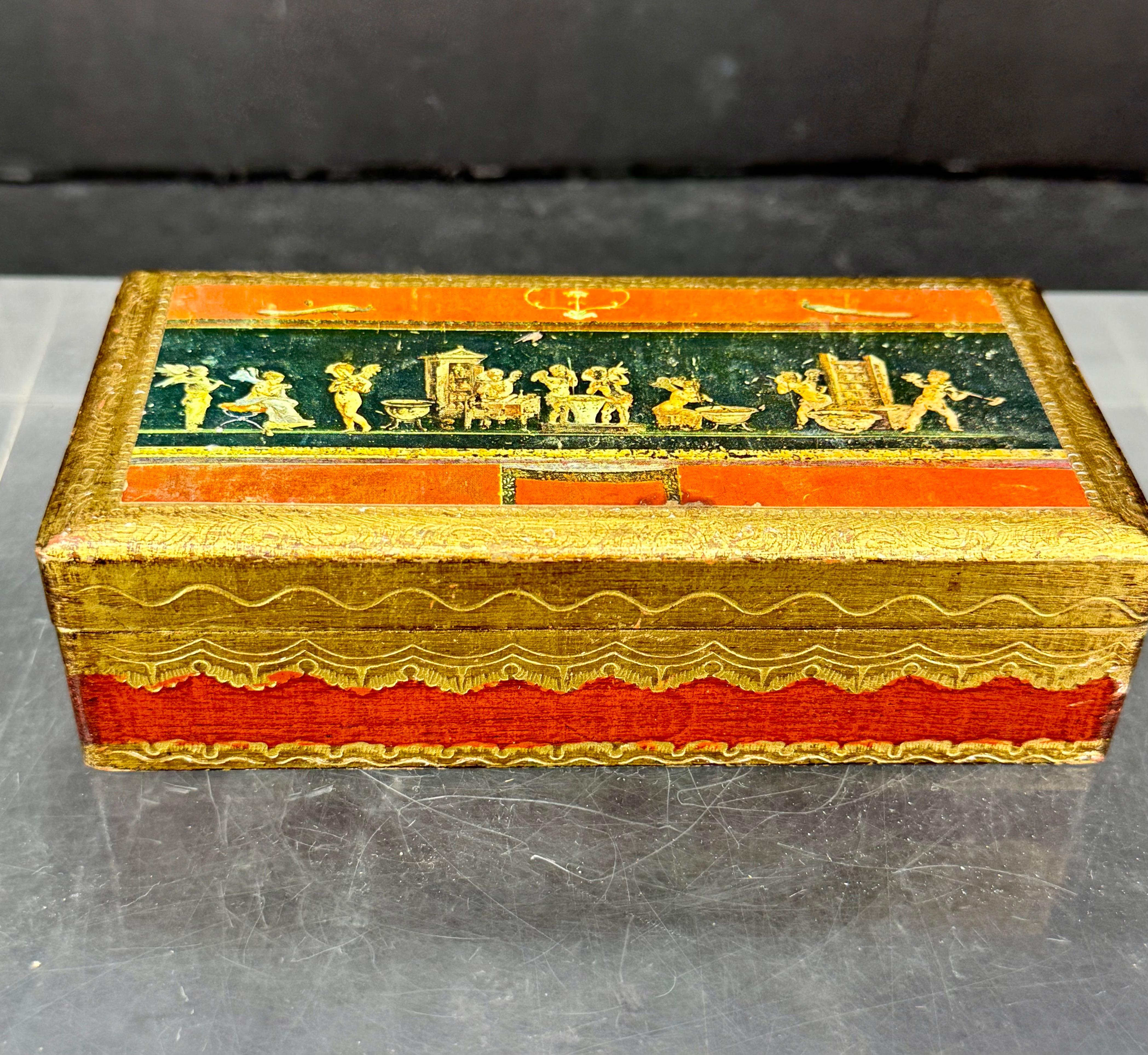 Italian Florentine Rectangular Wood Trinket Jewelry Box For Sale 2