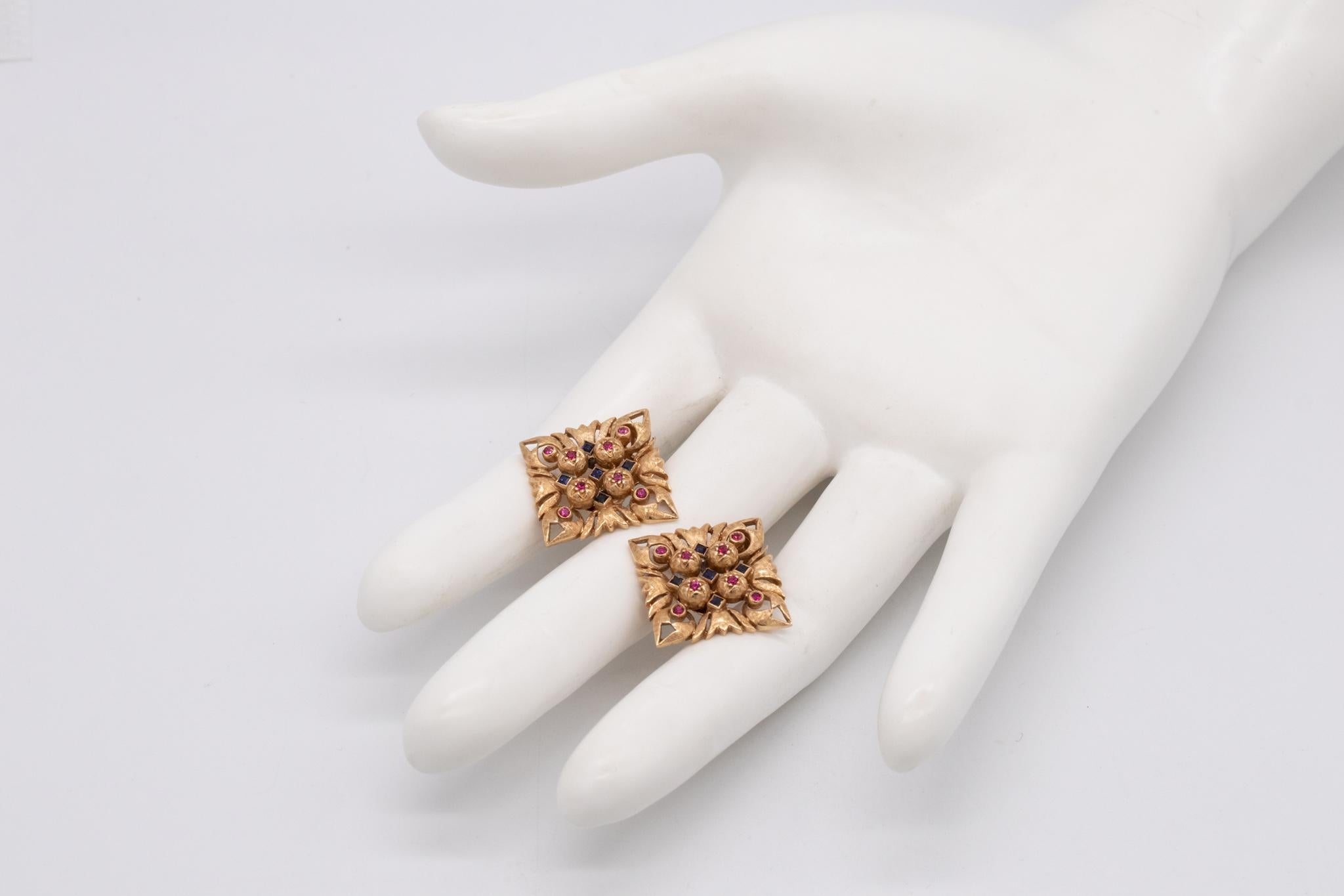 Renaissance Revival Italian Florentine Renaissance Clips Earrings 18Kt Yellow Gold Ruby & Sapphires For Sale