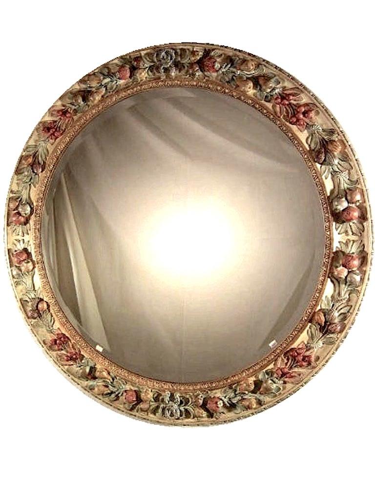 Italian Florentine Round Mirror with Fruit Carving Della Robbia Style by Chelini 1