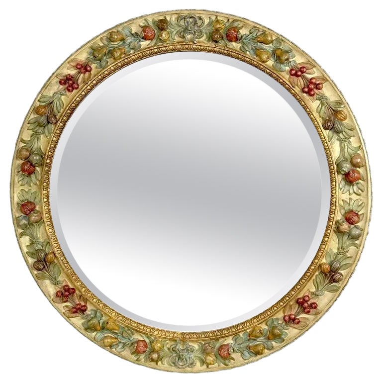 Italian Florentine Round Mirror with Fruit Carving Della Robbia Style by Chelini