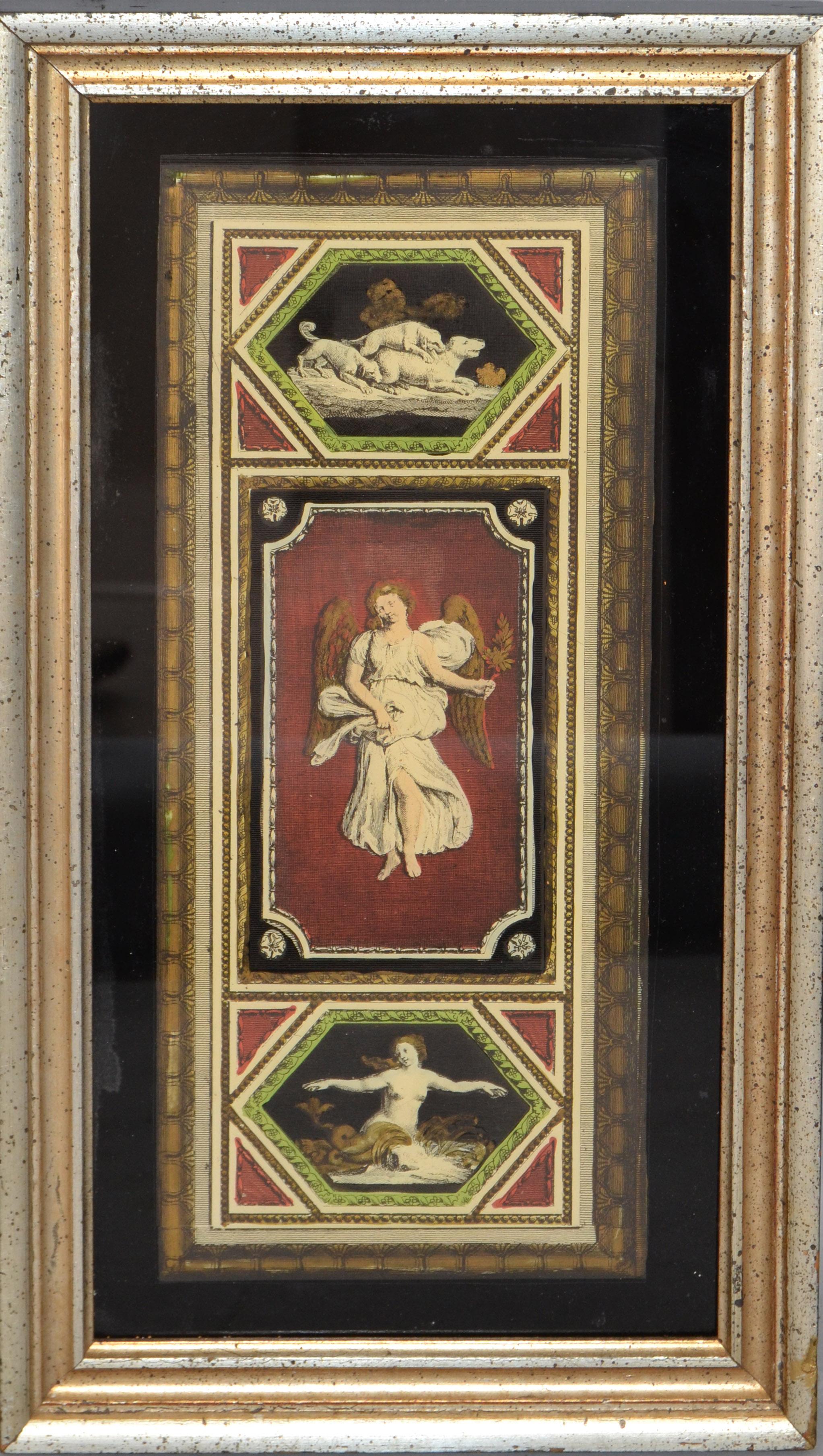 Hand framed and encased Florentine Fine Art depicting 3 Dogs, Angel and a Nude Woman. 
Backing supports a secure way of hanging it.
Art Size measures: 5 x 12 inches.