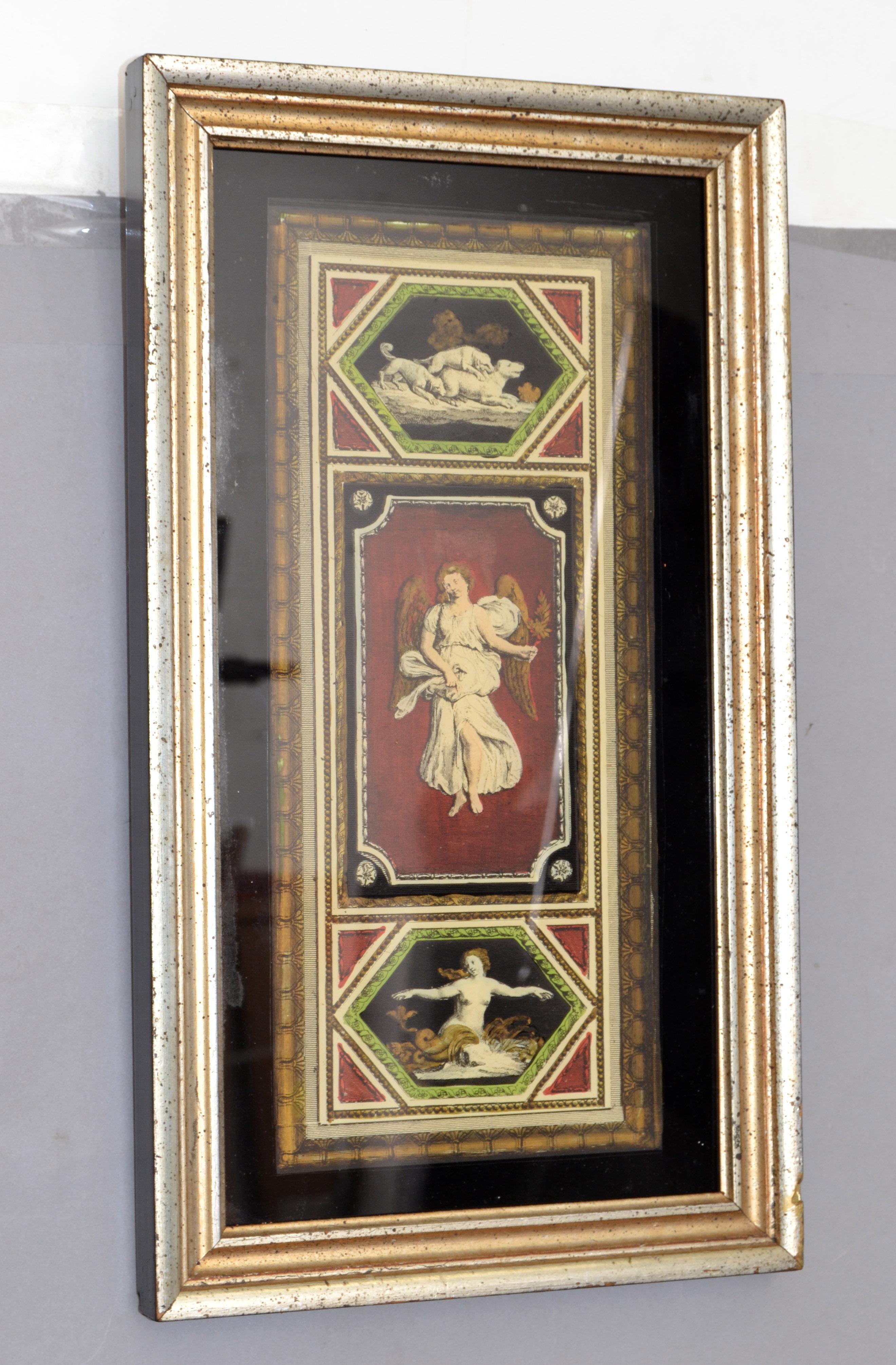 Wood Italian Florentine Silver Framed and Encased Fine Art Angel Dogs and Nude Motif For Sale