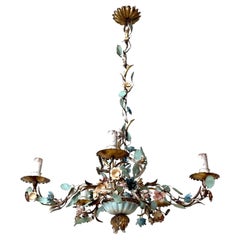 Italian Florentine Tole Flower Chandelier, Gilt Iron, circa 1950