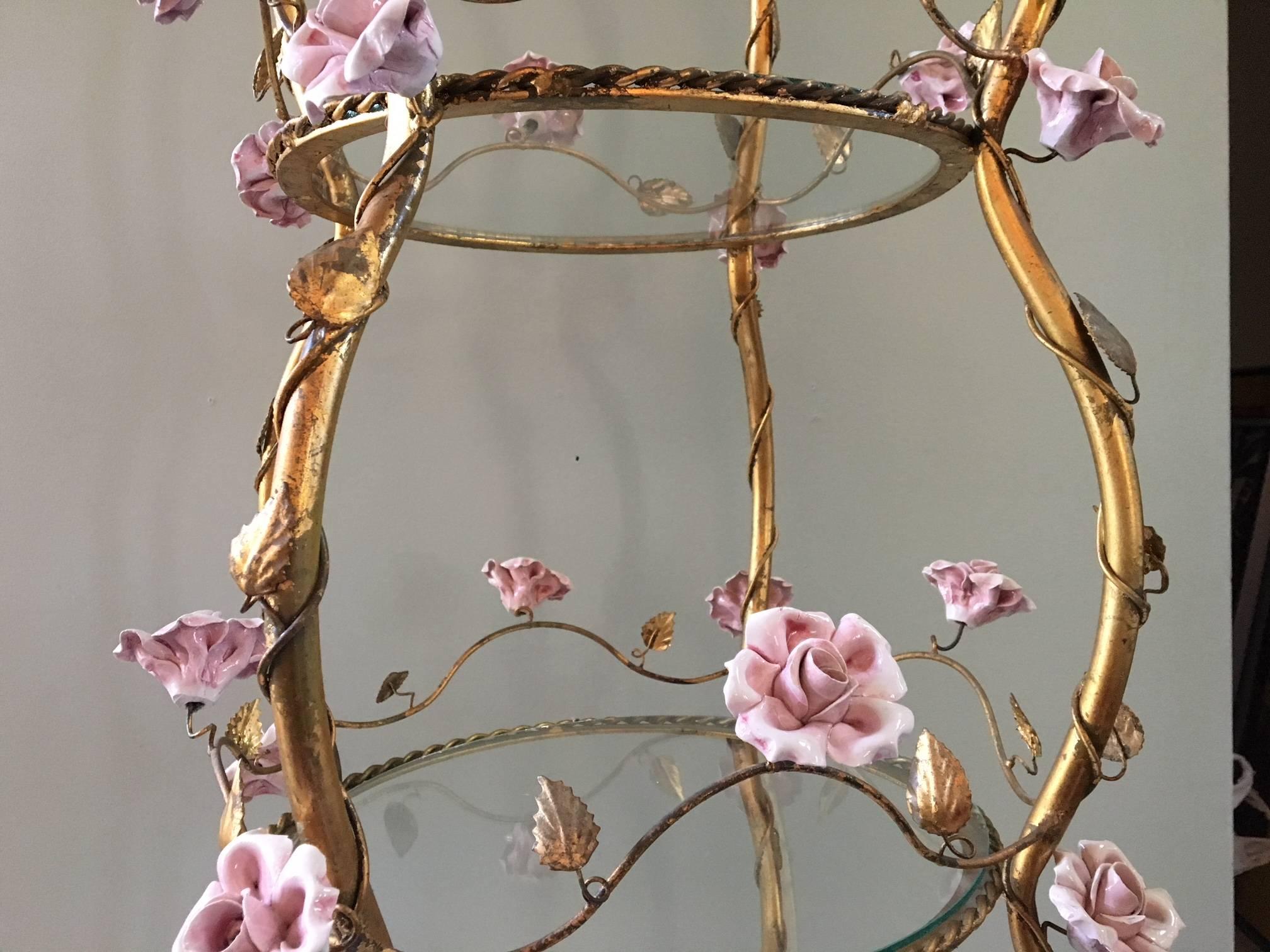 Mid-20th Century Italian Florentine Tole Gold Gilt Étagère with Porcelain Roses